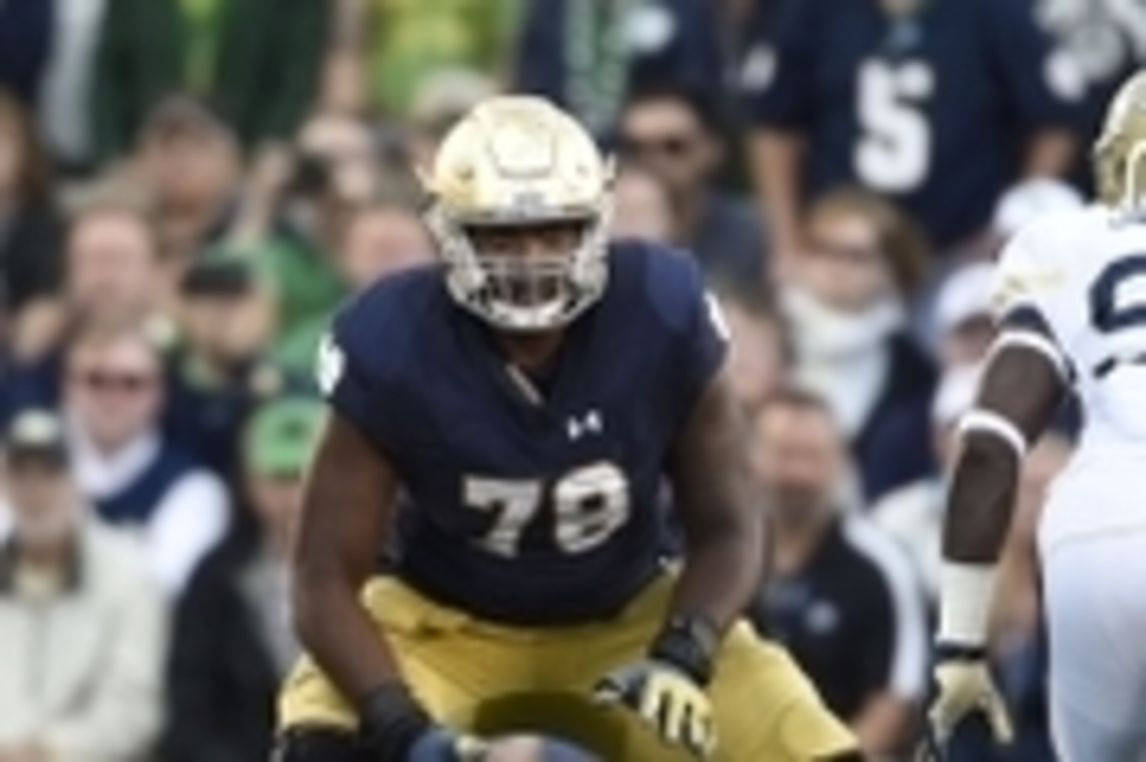 Sep 19, 2015; South Bend, IN, USA; Notre Dame Fighting Irish offensive lineman Ronnie Stanley (78) prepares to block Georgia Tech Yellow Jackets defensive lineman Antonio Simmons (93) at Notre Dame Stadium. Mandatory Credit: RVR Photos-USA TODAY Sports