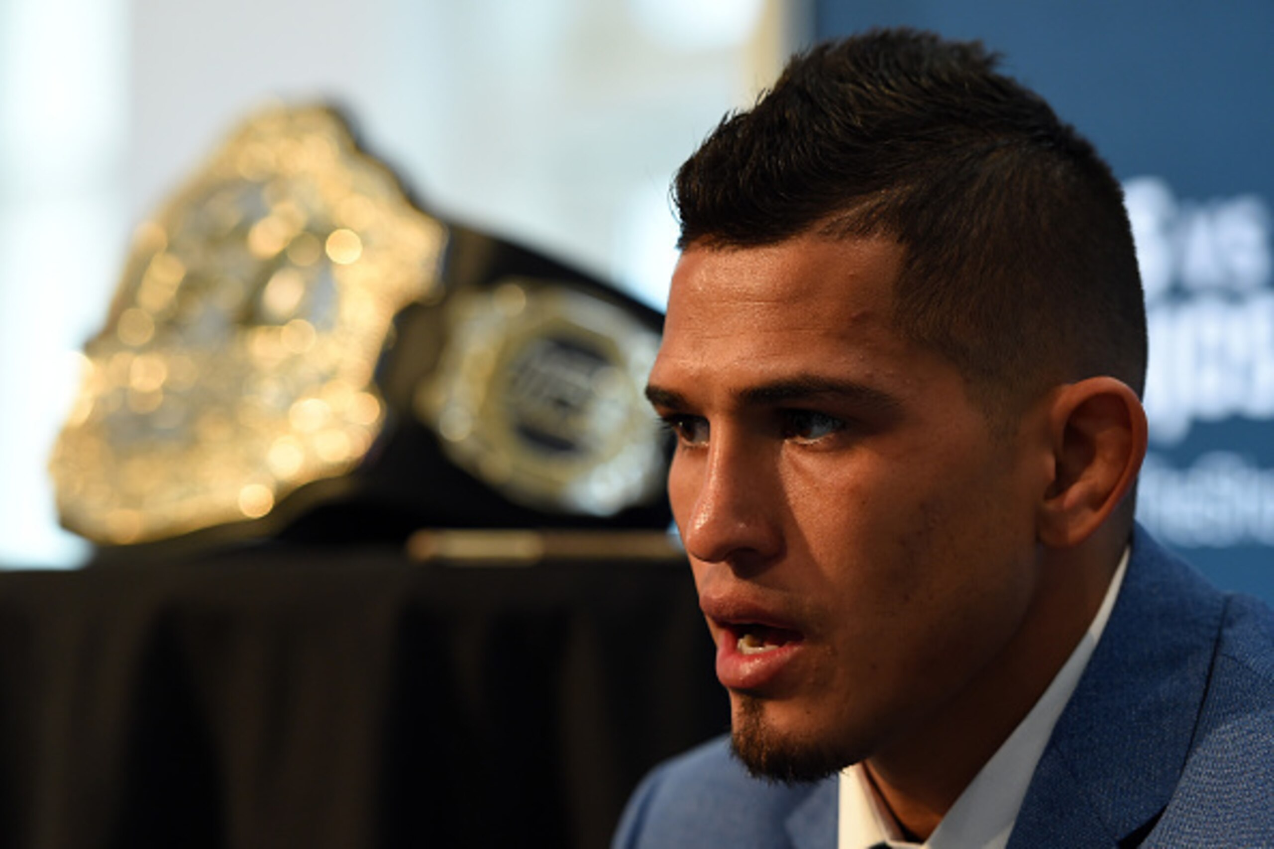 DALLAS, TX - MARCH 12:  UFC lightweight champion Anthony Pettis interacts with media during the UFC 185 Ultimate Media Day at the American Airlines Center on March 12, 2015 in Dallas, Texas. (Photo by Josh Hedges/Zuffa LLC/Zuffa LLC via Getty Images)