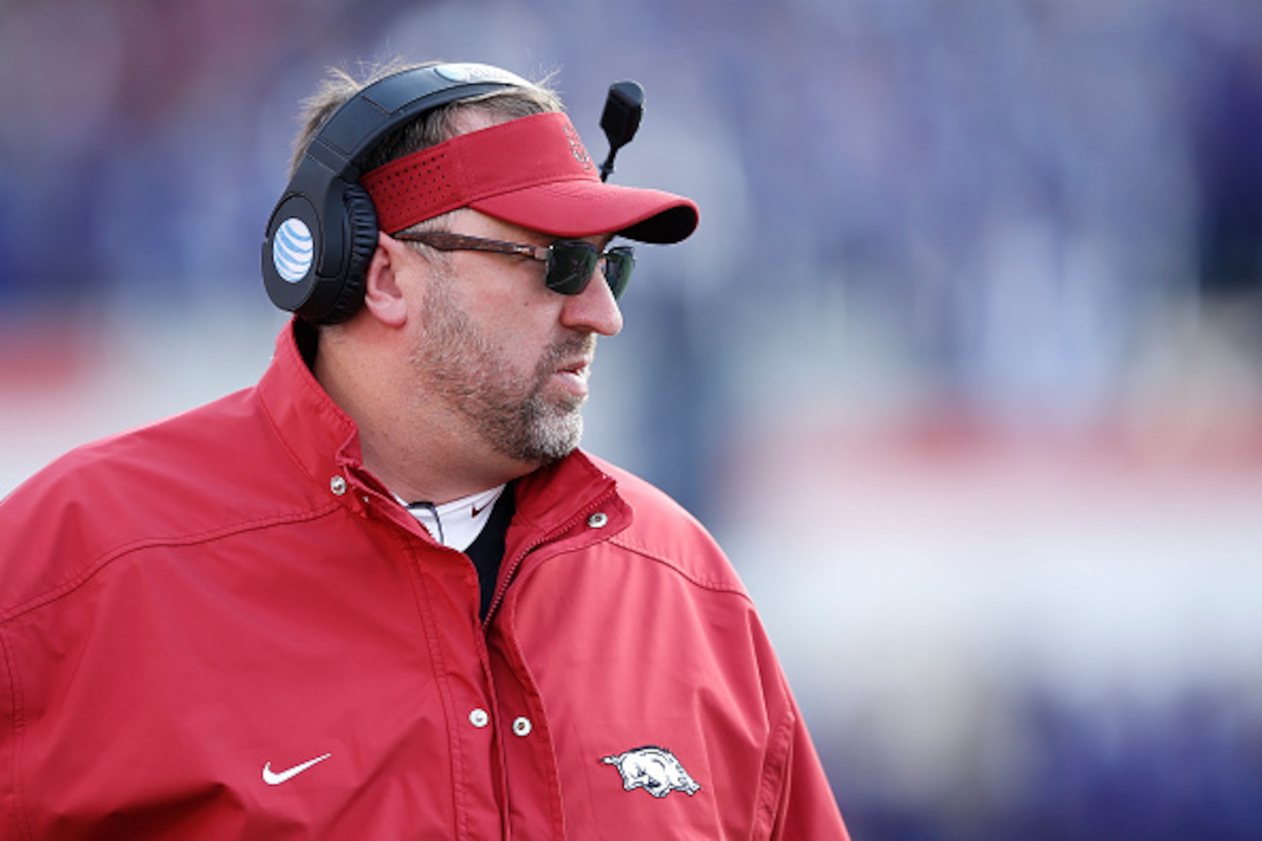 MEMPHIS, TN - JANUARY 2: Head coach Bret Bielema of the Arkansas Razorbacks looks on against the Kansas State Wildcats in the first half of the AutoZone Liberty Bowl at Liberty Bowl Memorial Stadium on January 2, 2016 in Memphis, Tennessee. (Photo by Joe 