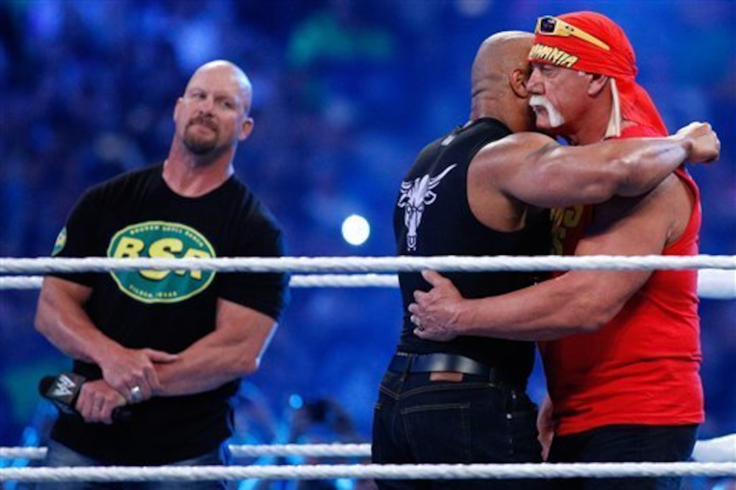 Steve Austin, The Rock and Hulk Hogan all meet up at WrestleMania XXX. Steve Austin, The Rock and Hulk Hogan all meet up at WrestleMania XXX.