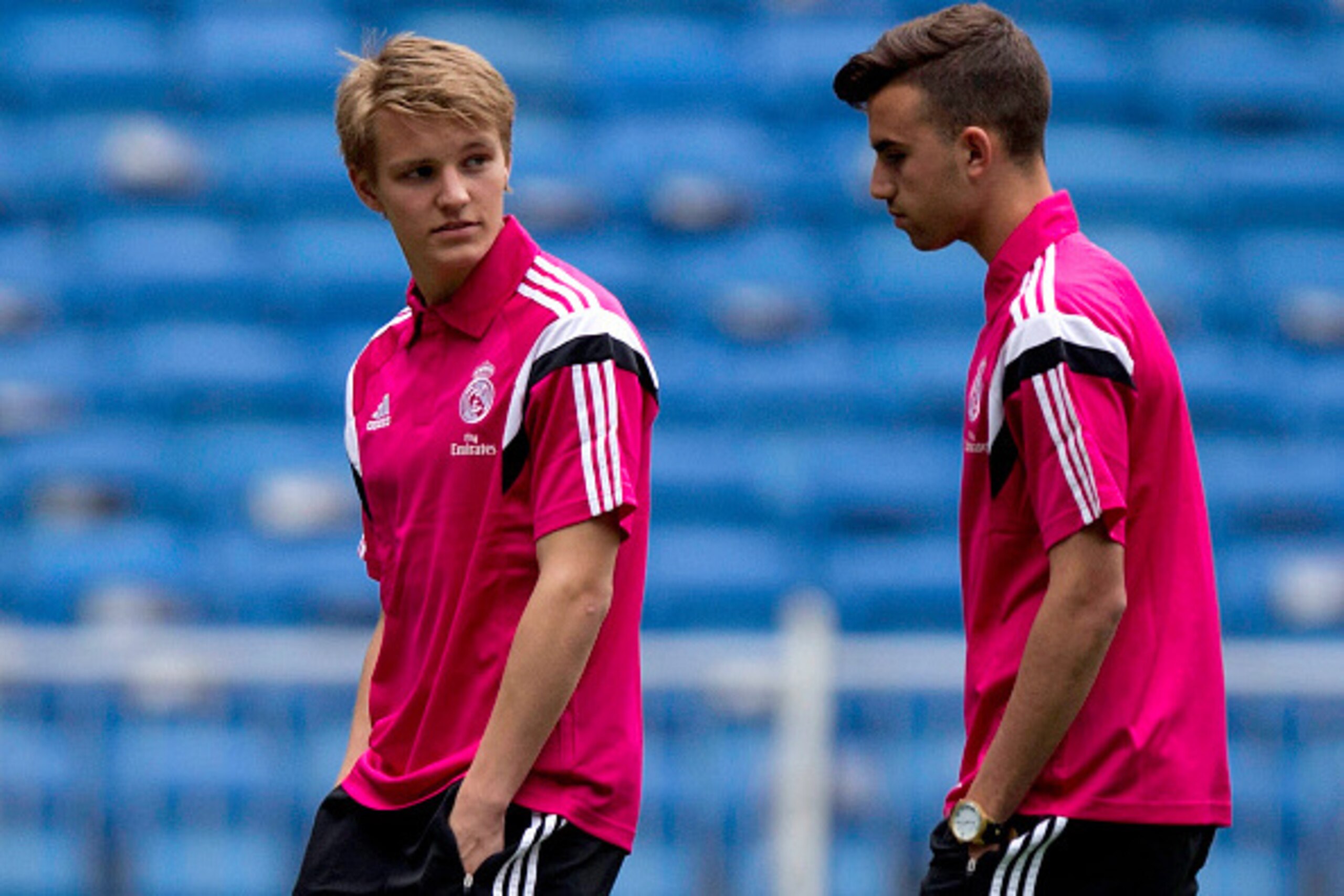 MADRID, SPAIN - APRIL 29:  Martin Odegaard of Real Madrid CF and team-mate Borja Mayoral leave the pitch before the La Liga match between Real Madrid CF and UD Almeria at Estadio Santiago Bernabeu on April 29, 2015 in Madrid, Spain.  (Photo by Gonzalo Arr
