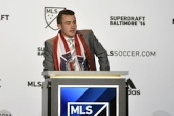 Jan 14, 2016; Baltimore, MD, USA; Jack Harrison shakes speaks at the podium after being selected number one overall by the Chicago Fire during the 2016 MLS SuperDraft at Baltimore Convention Center. Mandatory Credit: Tommy Gilligan-USA TODAY Sports