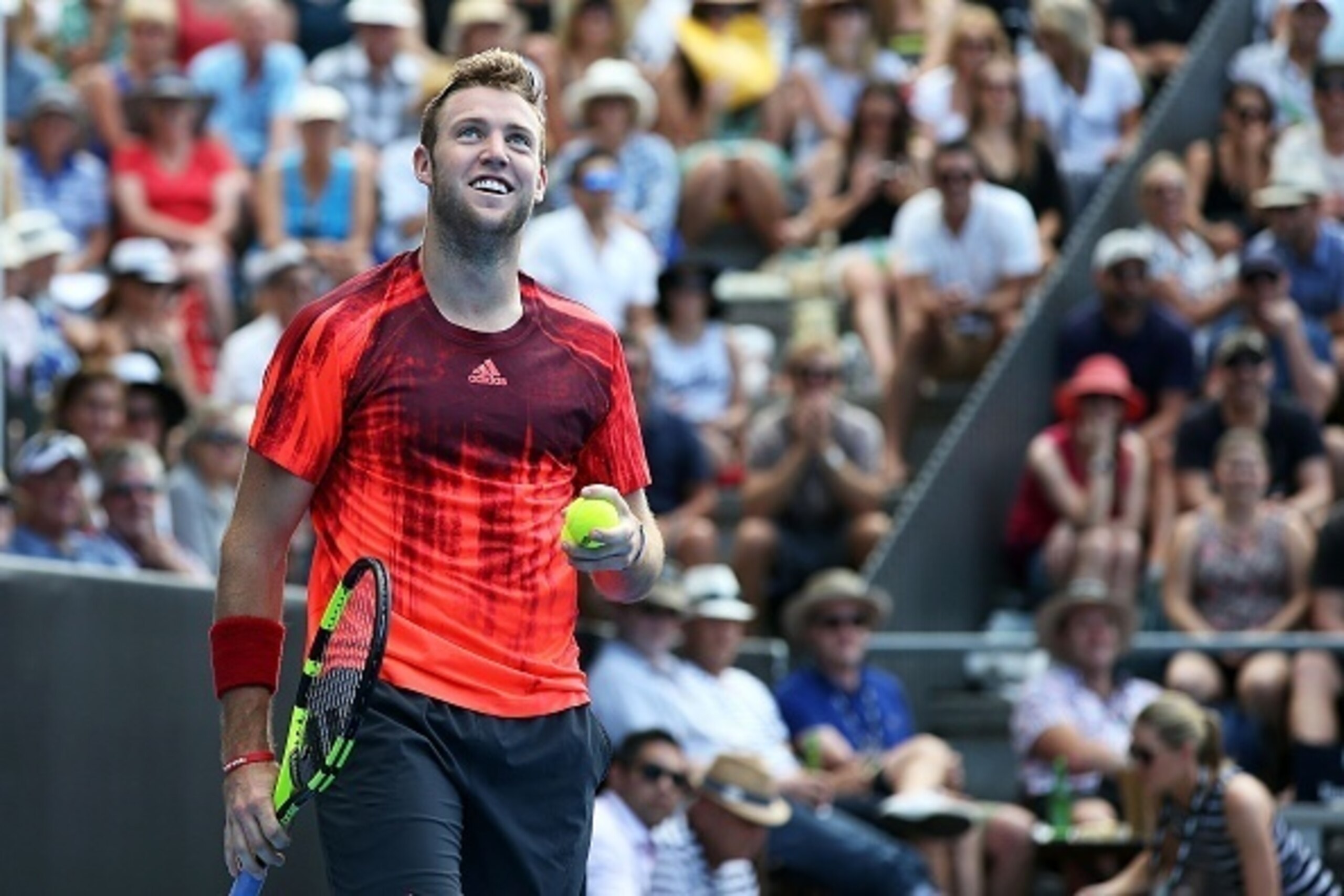Jack Sock of the US reacts after a point against David Ferrer of Spain during their men's singles semi-final match at the ATP Auckland Classic tennis tournament in Auckland on January 15, 2016. AFP PHOTO / Fiona Goodall / AFP / Fiona GOODALL        (Photo