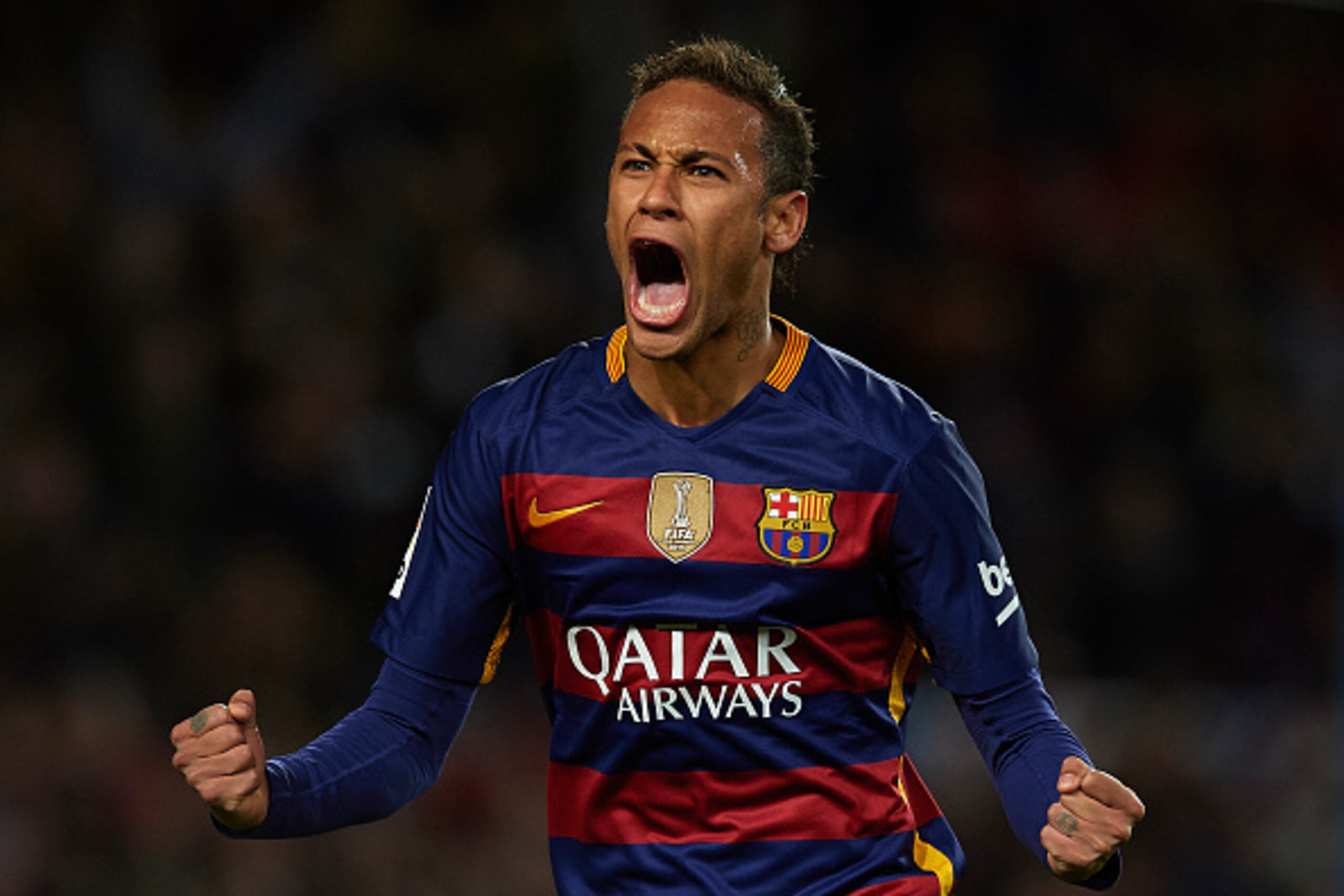 BARCELONA, SPAIN - JANUARY 06:  Neymar JR of Barcelona celebrates scoring his team's fourth goal during the Copa del Rey Round of 16 match between FC Barcelona and Real CD Espanyol at Camp Nou on January 6, 2016 in Barcelona, Spain.  (Photo by Manuel Quei