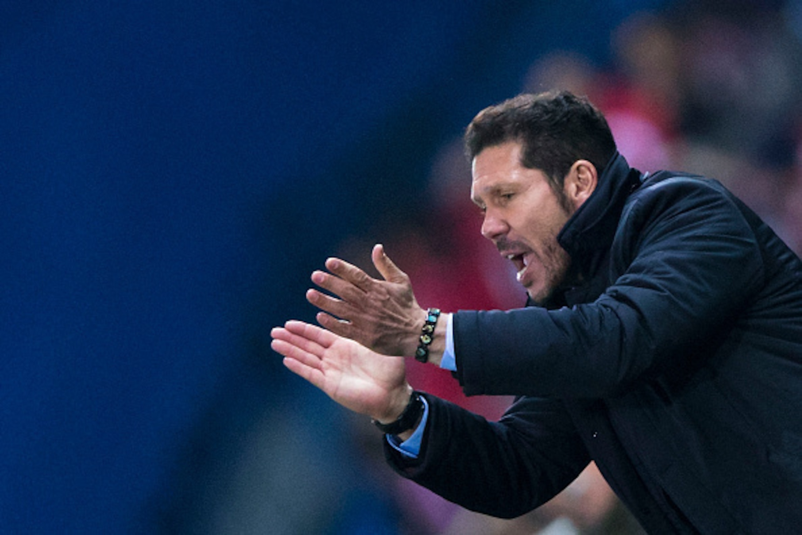 MADRID, SPAIN - JANUARY 14:  Head coach Diego Pablo Simeone of Atletico de Madrid claps during the Copa del Rey Round of 16 second leg match between Club Atletico Madrid and Rayo Vallecano de Madrid at Vicente Claderon stadium on January 14, 2016 in Madri