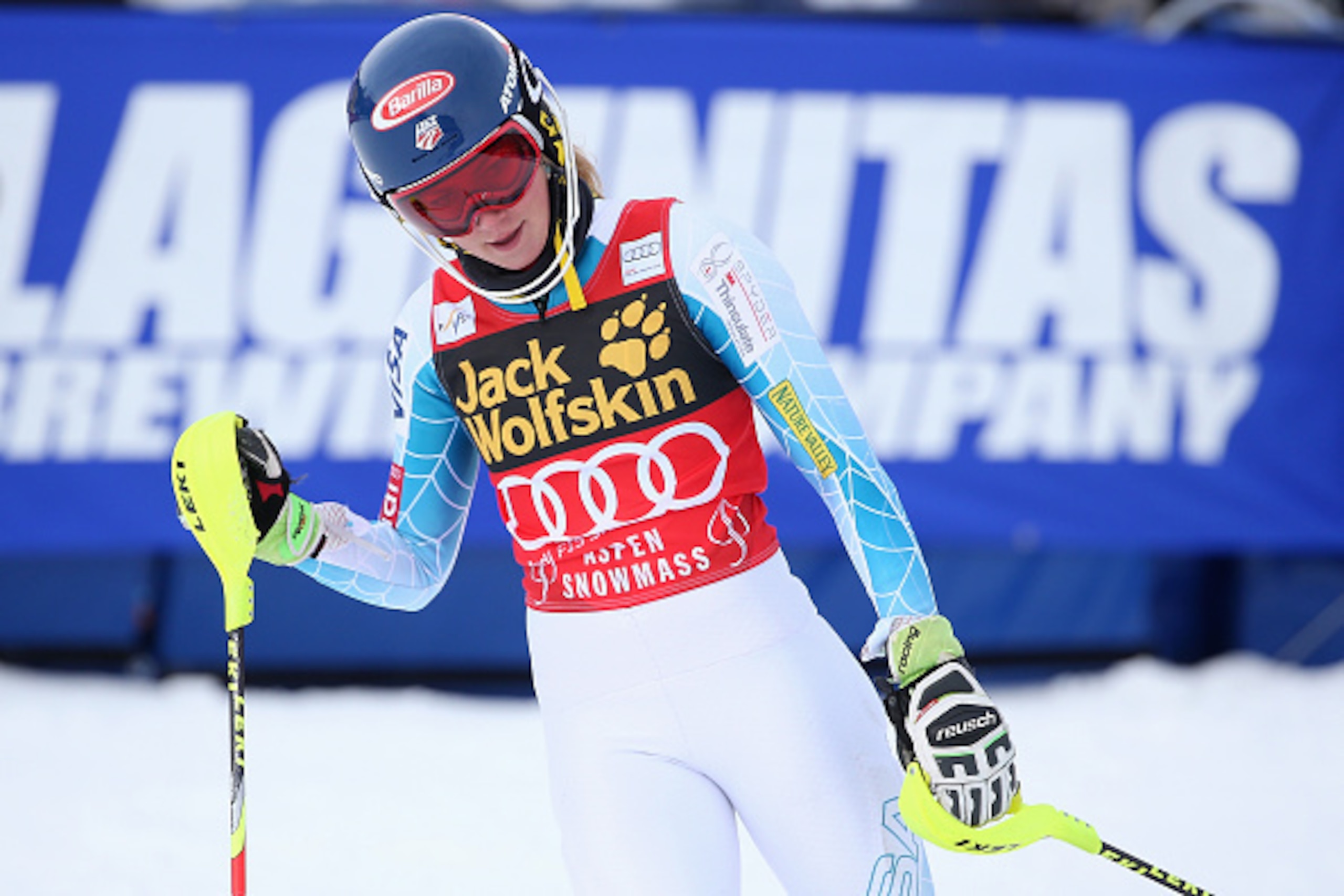 ASPEN, CO - NOVEMBER 29:  Mikaela Shiffrin of the United States arrives at the finish of her second run as she skis to victory in slalom during the Adui FIS Women's Alpine Ski World Cup at the Nature Valley Aspen Winternational on November 29, 2015 in Asp