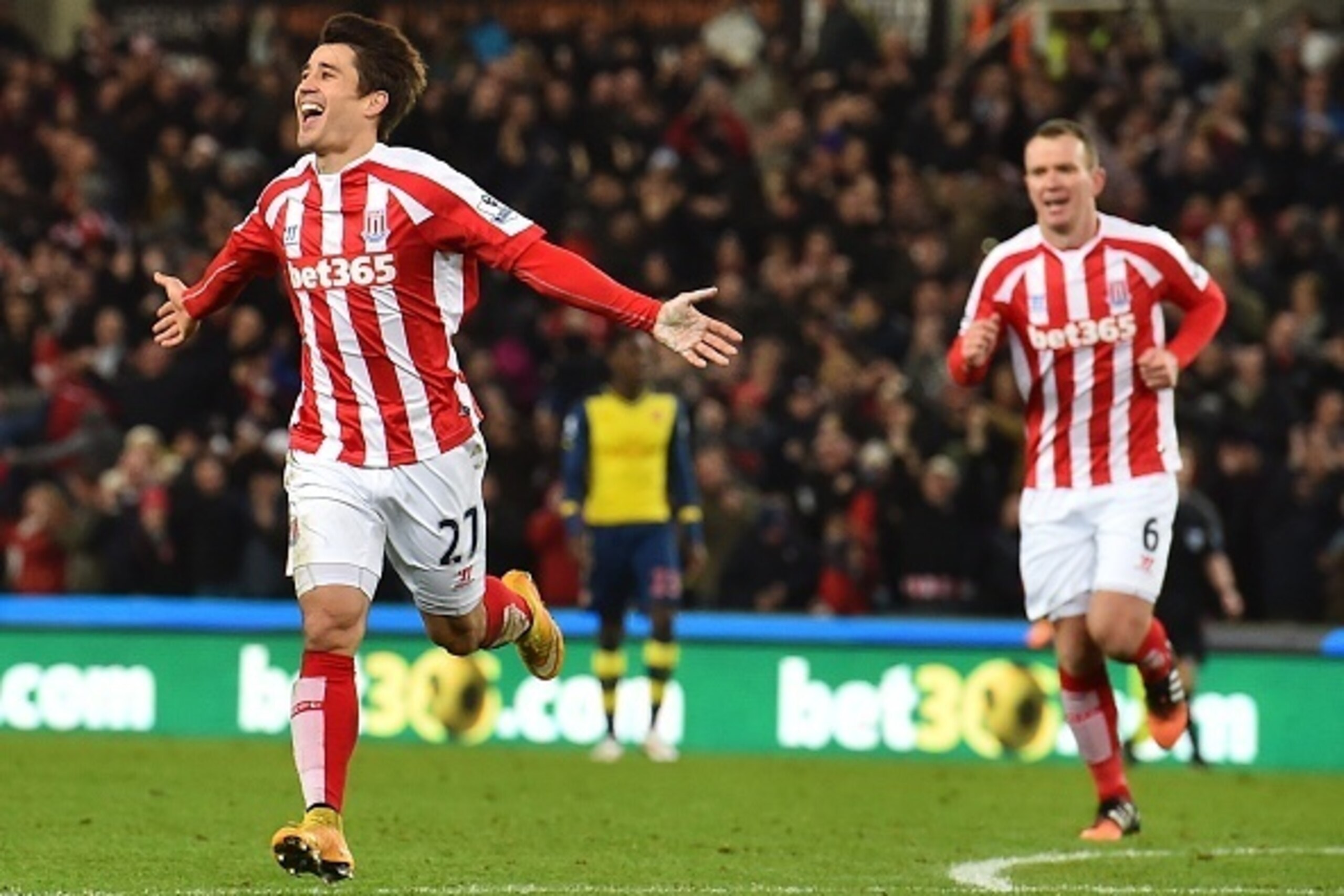 Stoke City's Spanish striker Bojan Krkic celebrates after scoring Stoke City's fourth goal which was later disallowed during the English Premier League football match between Stoke City and Arsenal at the Britannia Stadium in Stoke-on-Trent, central Engla