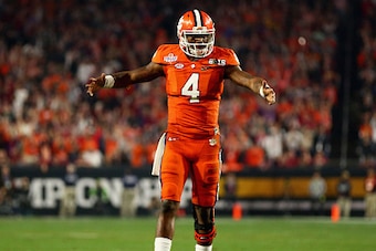 GLENDALE, AZ - JANUARY 11:  Deshaun Watson #4 of the Clemson Tigers reacts against the Alabama Crimson Tide during the 2016 College Football Playoff National Championship Game at University of Phoenix Stadium on January 11, 2016 in Glendale, Arizona.  (Ph