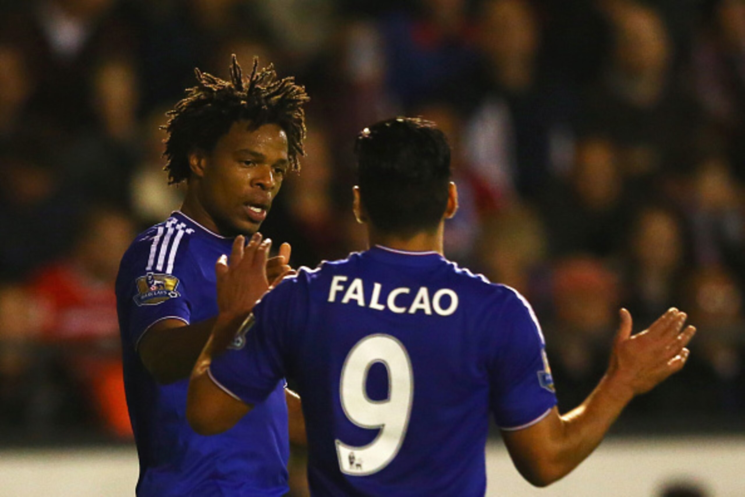 WALSALL, ENGLAND - SEPTEMBER 23:  Loic Remy of Chelsea (L) celebrates with Radamel Falcao Garcia as he scores their second goal during the Capital One Cup third round match between Walsall and Chelsea at Banks's Stadium on September 23, 2015 in Walsall, E