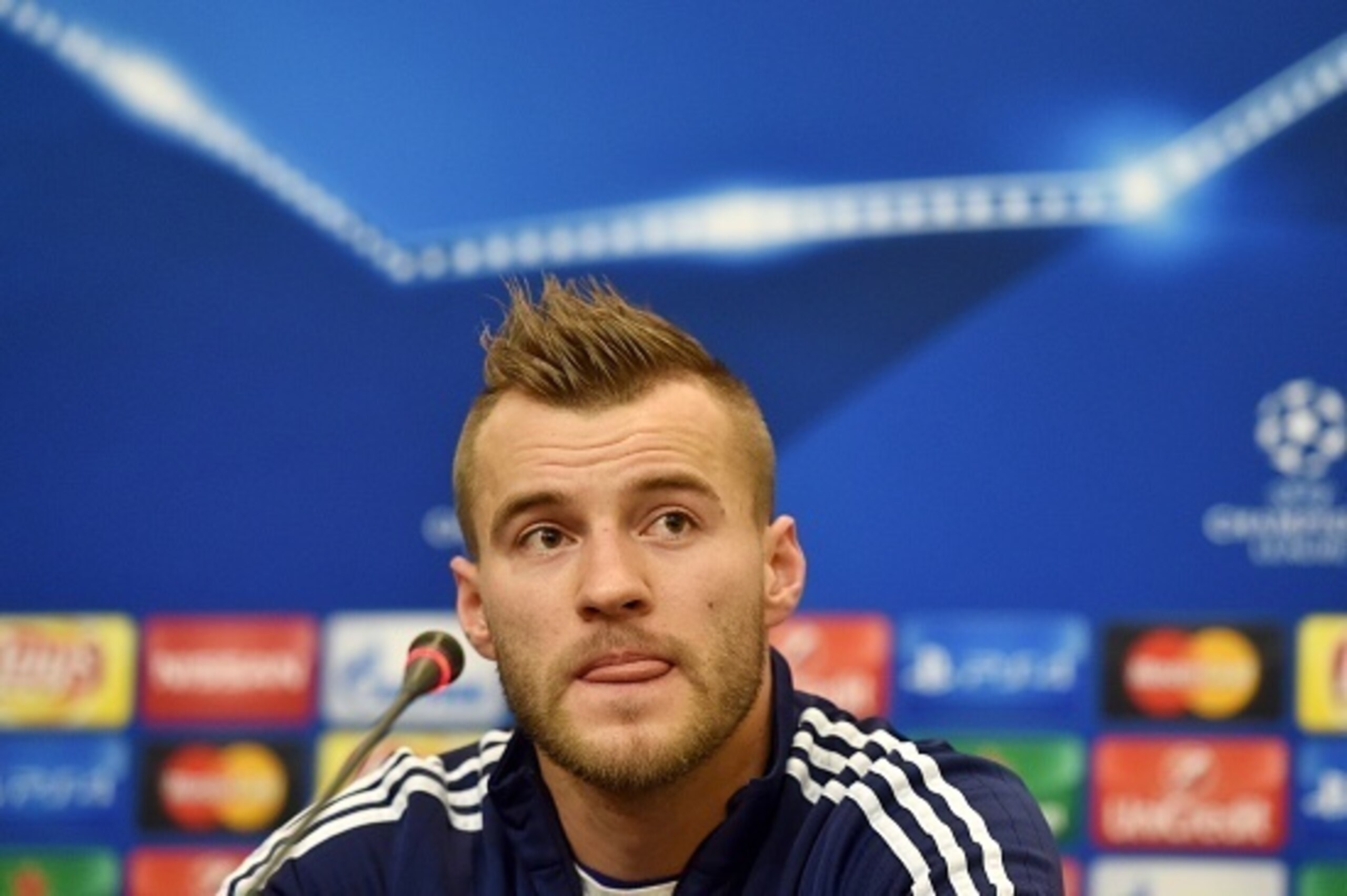 Dynamo's Ukrainian forward Andriy Yarmolenko speaks during a press conference at the training centre near Kiev on December 8, 2015, on the eve of the UEFA Champions League Group G football match between FC Dynamo and Maccabi. AFP PHOTO/GENYA SAVILOV / AFP