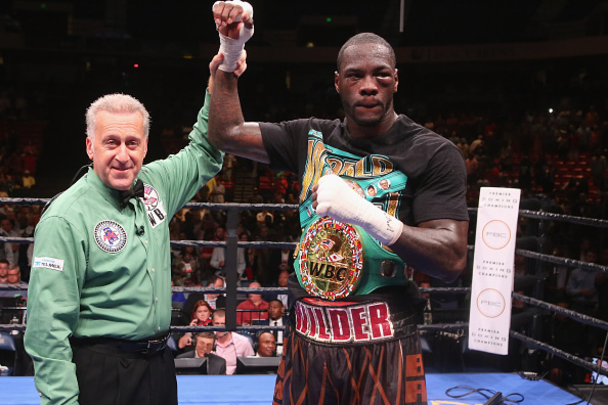 BIRMINGHAM, AL - SEPTEMBER 26:  Deontay Wilder is declared the winner in his fight with Johann Duhaupas at Legacy Arena at the BJCC on September 26, 2015 in Birmingham, Alabama.  (Photo by David A. Smith/Getty Images)