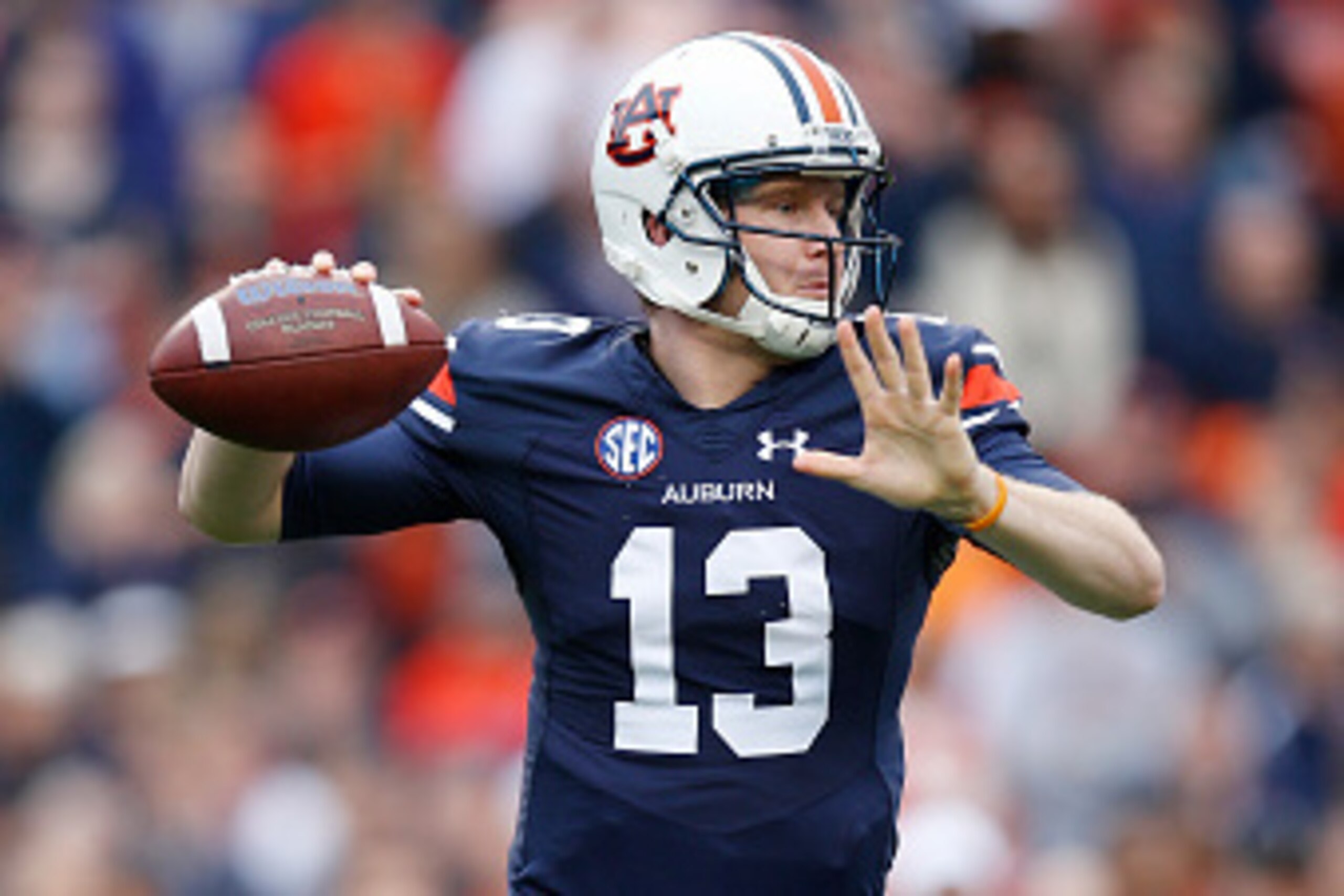 AUBURN, AL - OCTOBER 31: Sean White #13 of the Auburn Tigers looks to pass during a game against the Ole Miss Rebels at Jordan-Hare Stadium on October 31, 2015 in Auburn, Alabama. Ole Miss defeated Auburn 27-19. (Photo by Joe Robbins/Getty Images) AUBURN, AL - OCTOBER 31: Sean White #13 of the Auburn Tigers looks to pass during a game against the Ole Miss Rebels at Jordan-Hare Stadium on October 31, 2015 in Auburn, Alabama. Ole Miss defeated Auburn 27-19. (Photo by Joe Robbins/Getty Images)