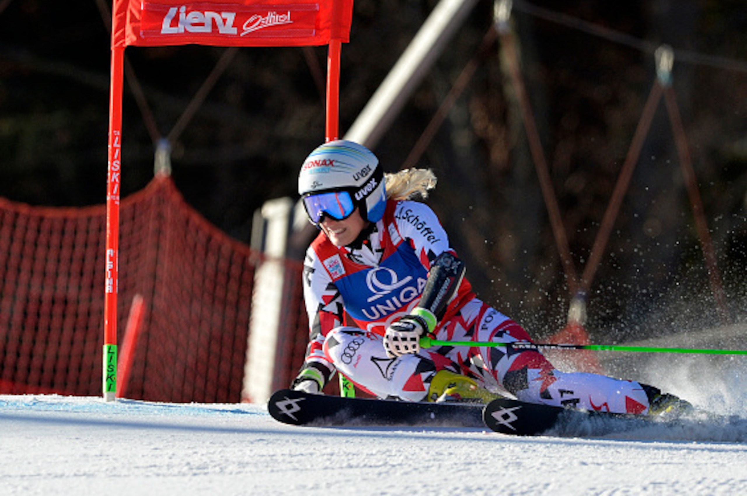 Austria's Eva-Maria Brem competes during the first run of the Women FIS Alpine skiing World cup giant slalom in Lienz, Austria on December 28, 2015.   / AFP / SAMUEL KUBANI        (Photo credit should read SAMUEL KUBANI/AFP/Getty Images)
