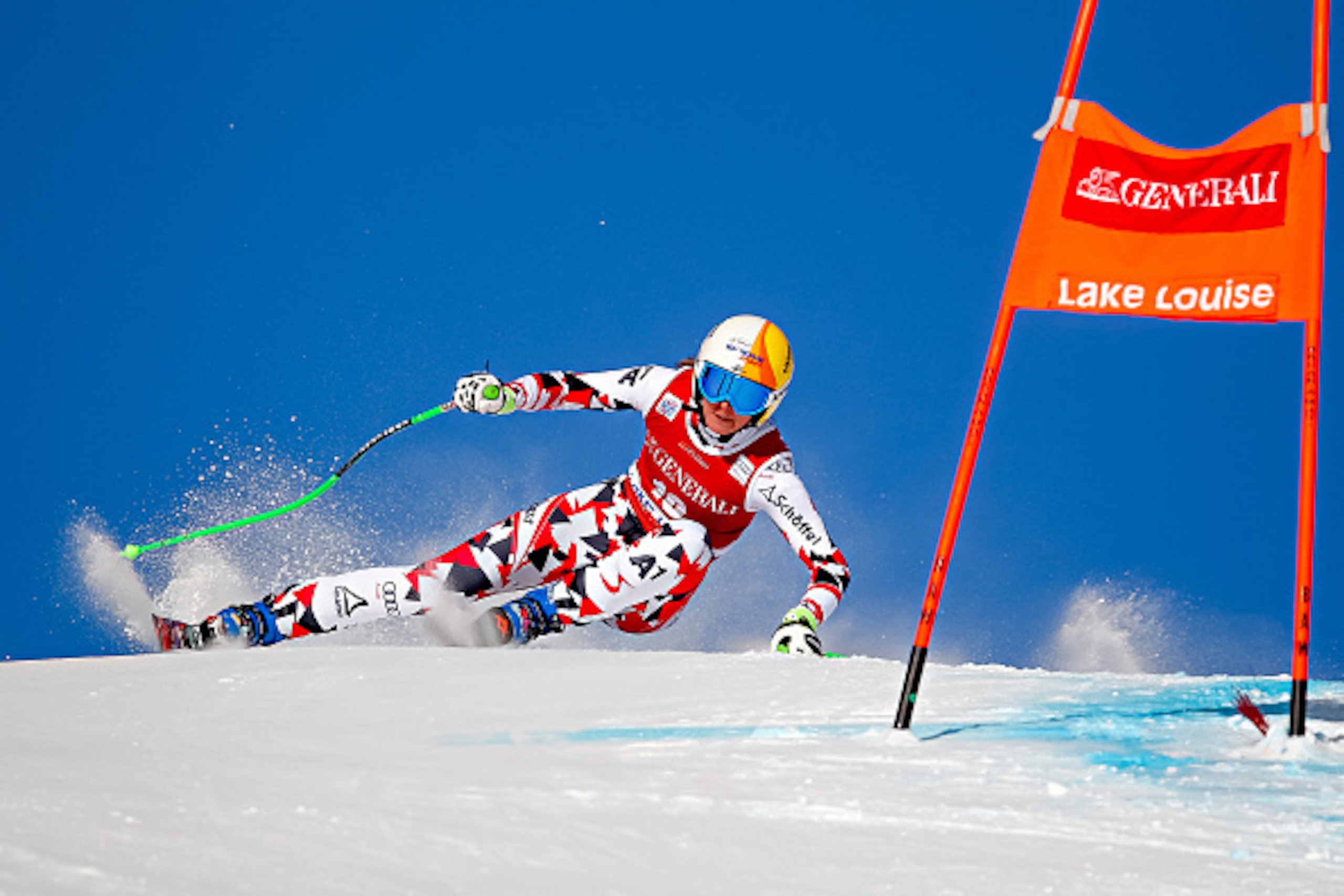LAKE LOUISE, CANADA - DECEMBER 04: (FRANCE OUT) Cornelia Huetter of Austria competes during the Audi FIS Alpine Ski World Cup Women's Downhill on December 04, 2015 in Lake Louise, Canada. (Photo by Alexis Boichard/Agence Zoom/Getty Images)