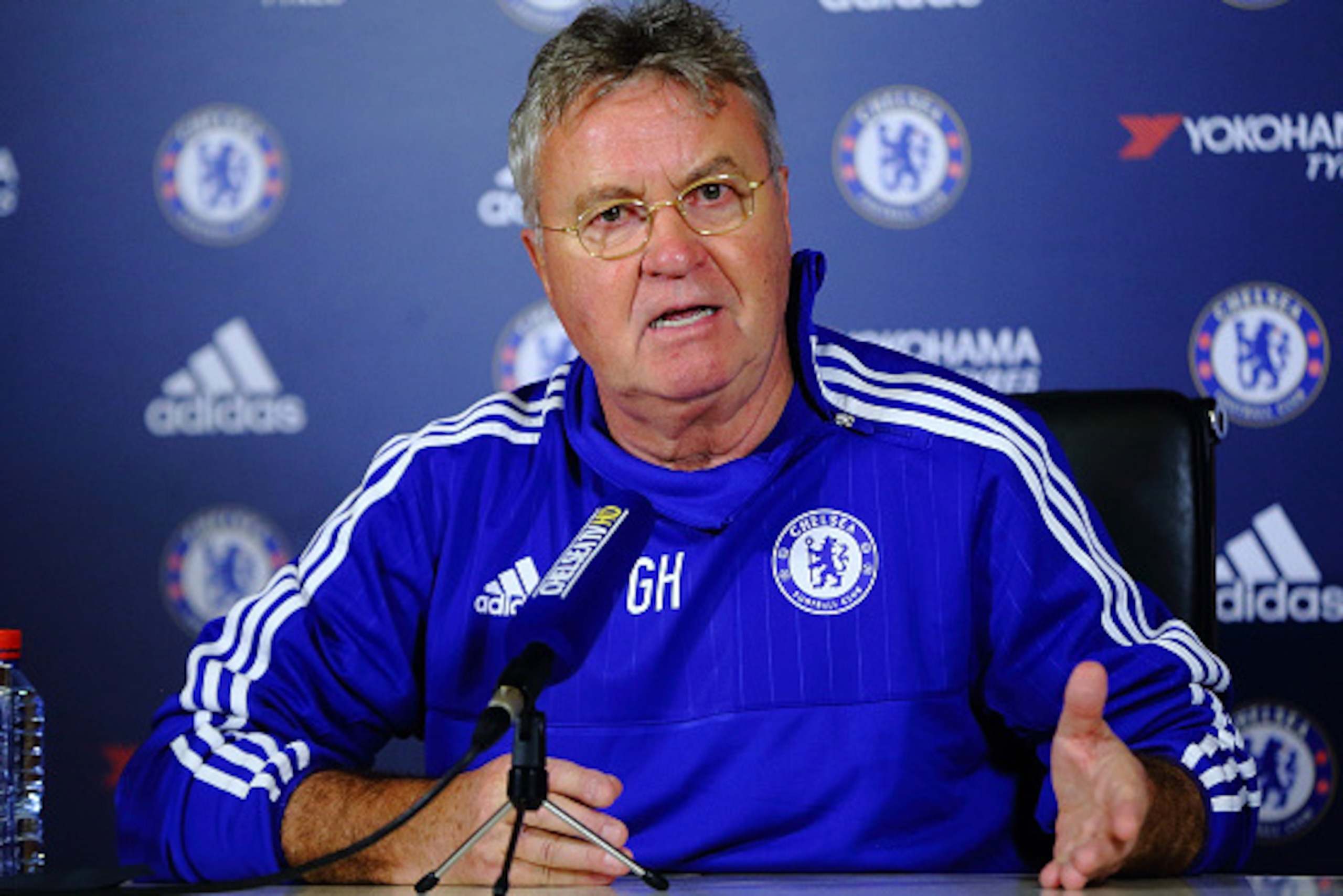 COBHAM, ENGLAND - DECEMBER 23:  New Chelsea Manager Guus Hiddink talks during a press conference at Chelsea Training Ground on December 23, 2015 in Cobham, England.  (Photo by Jordan Mansfield/Getty Images)