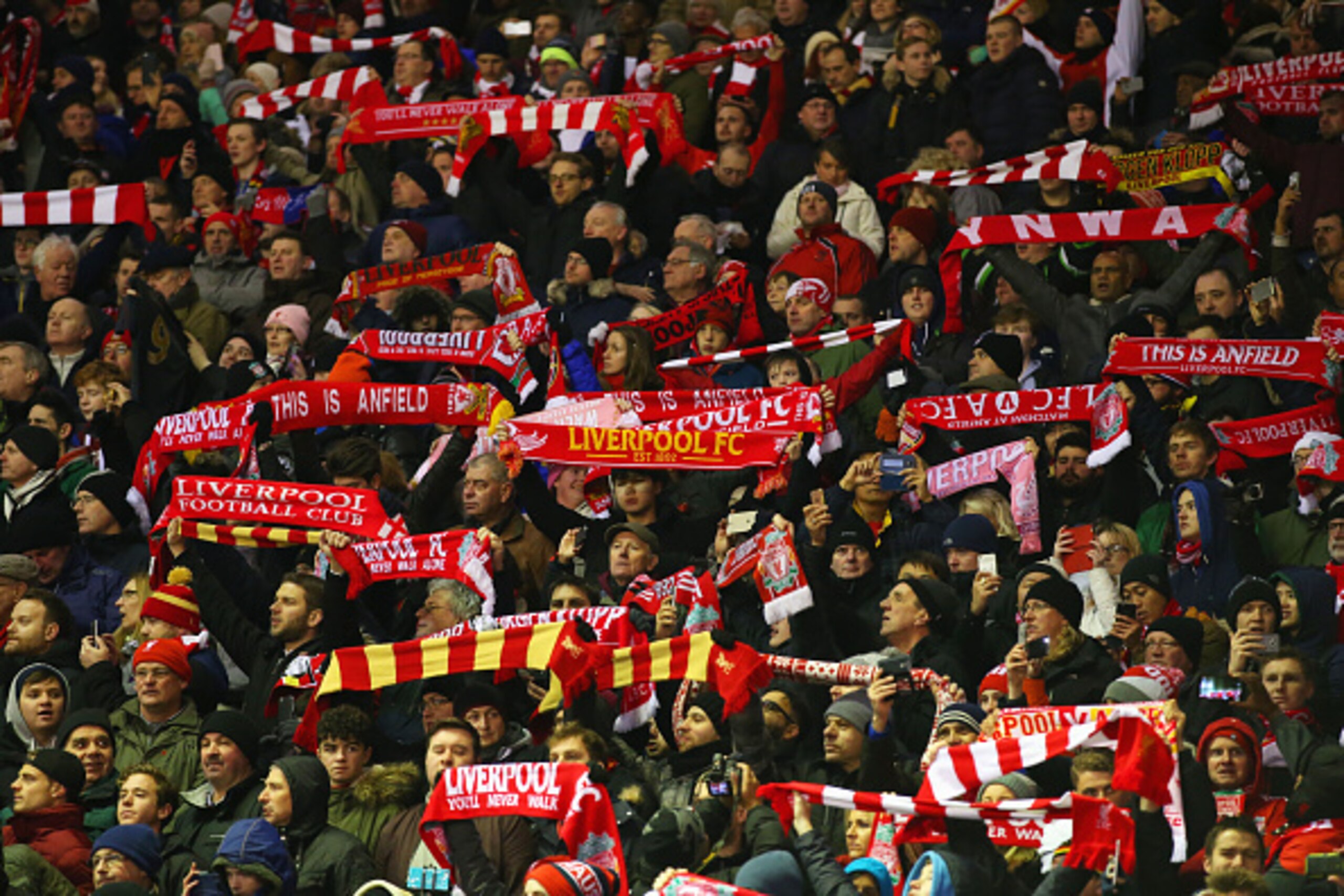 LIVERPOOL, ENGLAND - JANUARY 13:  Liverpool fans show their support prior to the Barclays Premier League match between Liverpool and Arsenal at Anfield on January 13, 2016 in Liverpool, England.  (Photo by Alex Livesey/Getty Images)