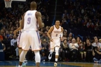 Jan 15, 2016; Oklahoma City, OK, USA;  Oklahoma City Thunder guard Russell Westbrook (0) reacts after dunking the ball against the Minnesota Timberwolves during the second quarter at Chesapeake Energy Arena. Mandatory Credit: Mark D. Smith-USA TODAY Sport