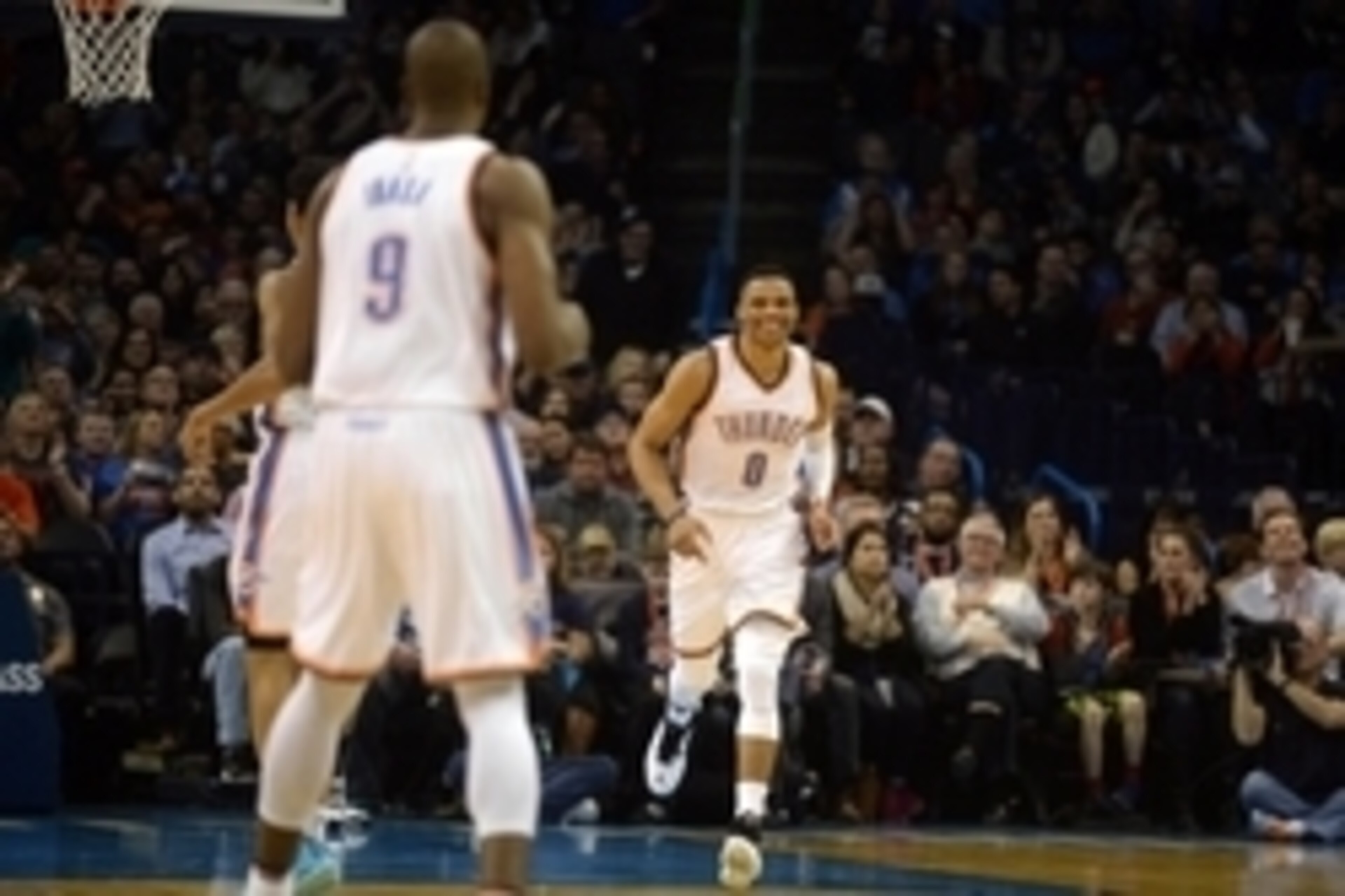 Jan 15, 2016; Oklahoma City, OK, USA;  Oklahoma City Thunder guard Russell Westbrook (0) reacts after dunking the ball against the Minnesota Timberwolves during the second quarter at Chesapeake Energy Arena. Mandatory Credit: Mark D. Smith-USA TODAY Sport