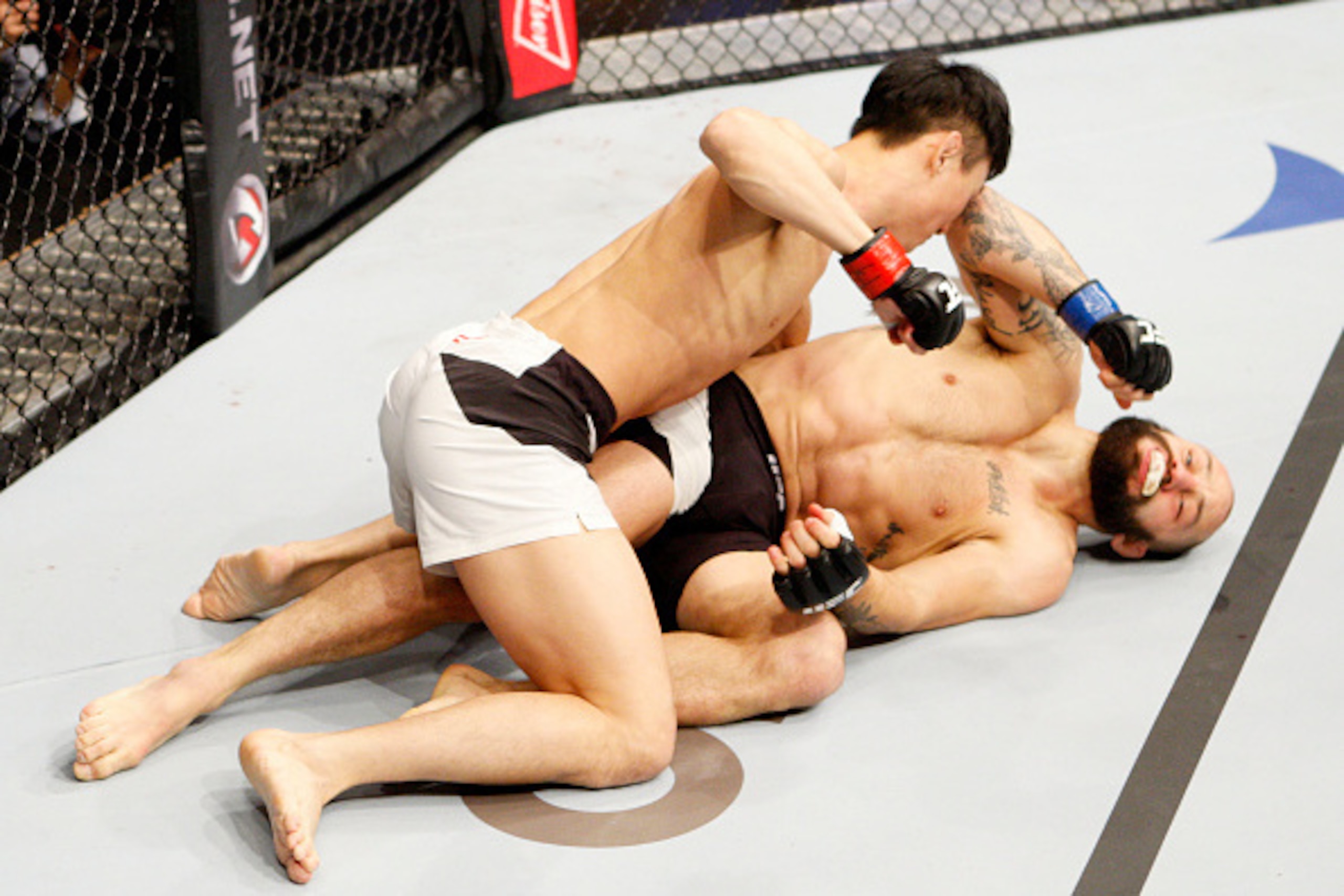 SEOUL, SOUTH KOREA - NOVEMBER 28: Doo Ho Choi of South Korea punches Sam Sicilia of the United States of America in their  featherweight bout during the UFC Fight Night at the Olympic Park Gymnastics Arena on November 28, 2015 in Seoul, South Korea. (Phot