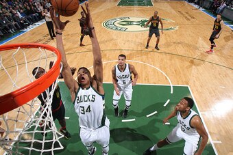 MILWAUKEE, WI - JANUARY 15: Giannis Antetokounmpo #34 of the Milwaukee Bucks grabs the rebound against the Atlanta Hawks on January 15, 2016 at the BMO Harris Bradley Center in Milwaukee, Wisconsin. NOTE TO USER: User expressly acknowledges and agrees tha