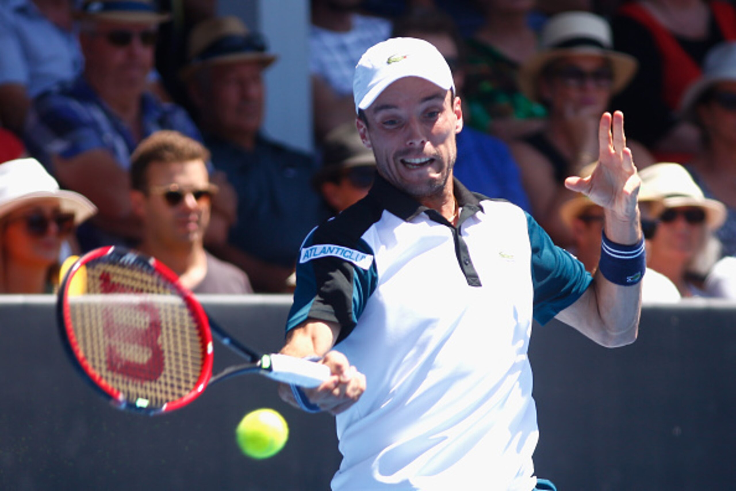 AUCKLAND, NEW ZEALAND - JANUARY 16:  Roberto Bautista Agut of Spain plays a forehand during his singles final against Jack Sock of the USA on day six of the ASB Classic at the Stanley Street Tennis Centre on January 16, 2016 in Auckland, New Zealand.  (Ph