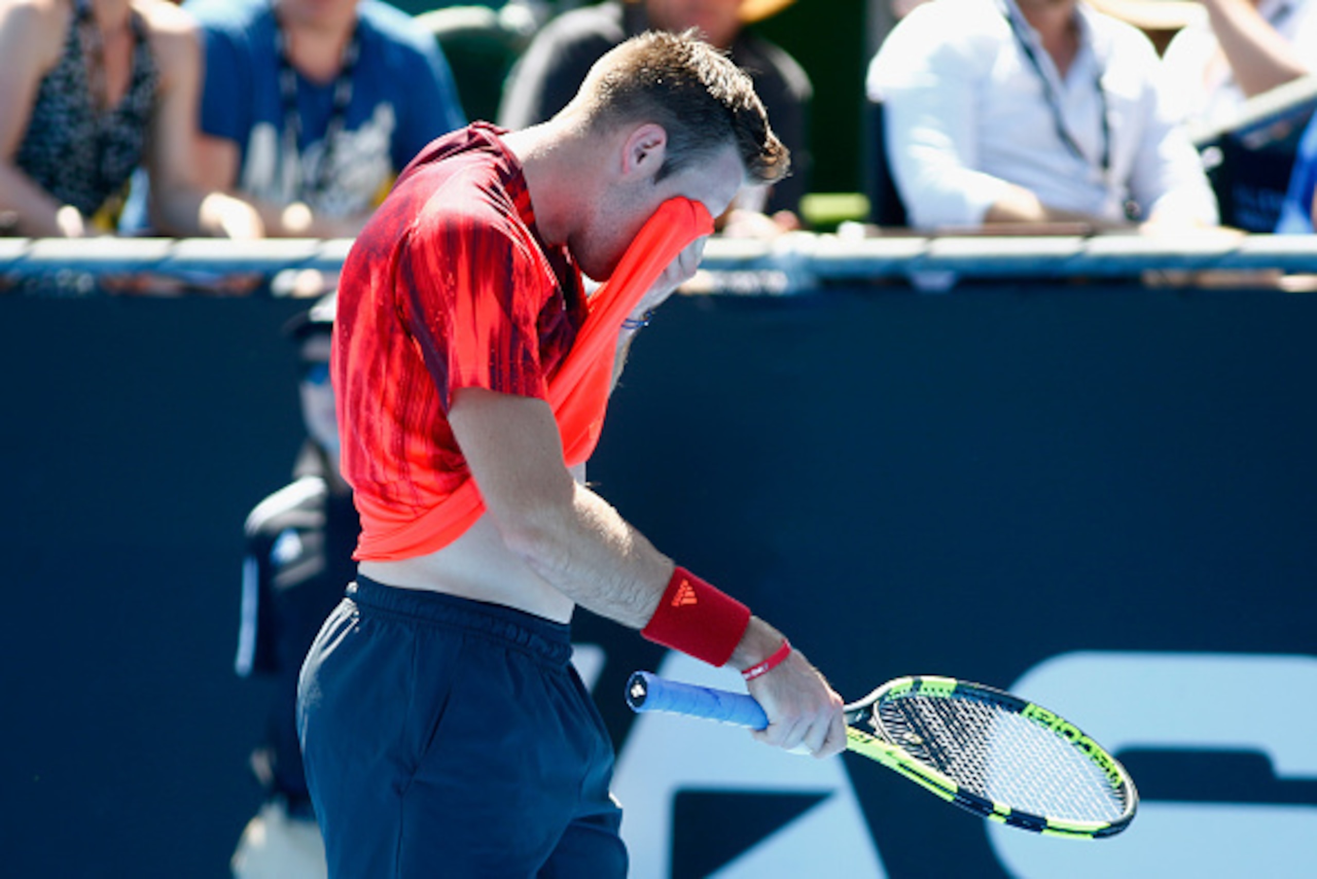 AUCKLAND, NEW ZEALAND - JANUARY 16:  Jack Sock of the USA before retiring sick in his singles final against Roberto Bautista Agut of Spain on day six of the ASB Classic at the Stanley Street Tennis Centre on January 16, 2016 in Auckland, New Zealand.  (Ph