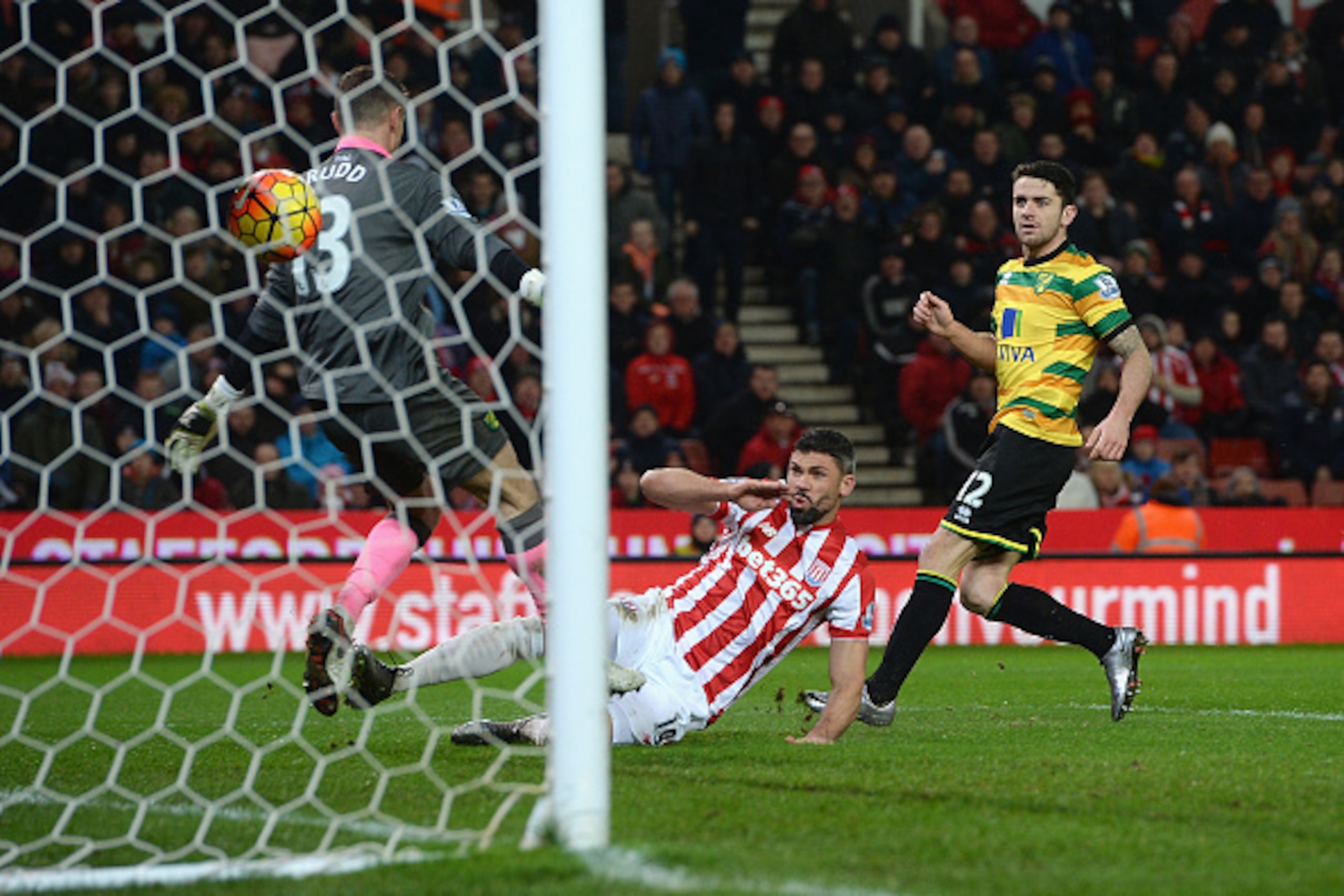 STOKE ON TRENT, ENGLAND - JANUARY 13:  Jonathan Walters of Stoke City scores his team's first goal past Declan Rudd of Norwich City during the Barclays Premier League match between Stoke City and Norwich City at the Britannia Stadium on January 13, 2016 i