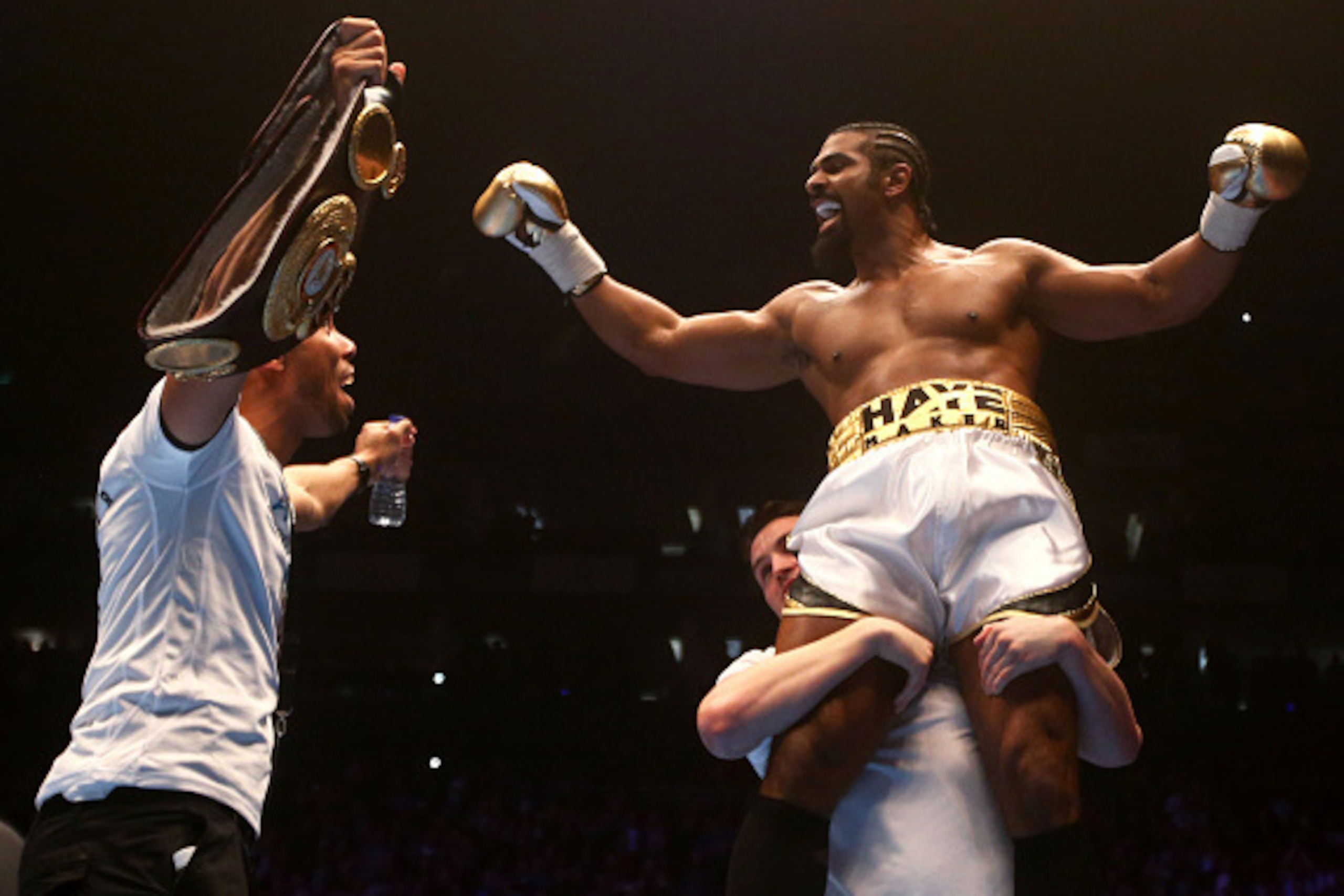 LONDON, ENGLAND - JANUARY 16: David Haye of England celebrates after beating Mark De Mori of Australia during their International heavyweight contest at The O2 Arena on January 16, 2016 in London, England. (Photo by Charlie Crowhurst/Getty Images) LONDON, ENGLAND - JANUARY 16: David Haye of England celebrates after beating Mark De Mori of Australia during their International heavyweight contest at The O2 Arena on January 16, 2016 in London, England. (Photo by Charlie Crowhurst/Getty Images)