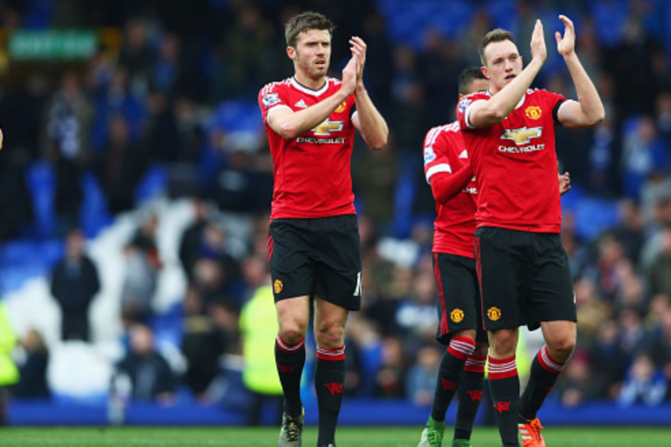 LIVERPOOL, ENGLAND - OCTOBER 17: (L to R) Matteo Darmian, Michael Carrick and Phil Jones of Manchester United celebrate their 3-0 win in the Barclays Premier League match between Everton and Manchester United at Goodison Park on October 17, 2015 in Liverp LIVERPOOL, ENGLAND - OCTOBER 17: (L to R) Matteo Darmian, Michael Carrick and Phil Jones of Manchester United celebrate their 3-0 win in the Barclays Premier League match between Everton and Manchester United at Goodison Park on October 17, 2015 in Liverp
