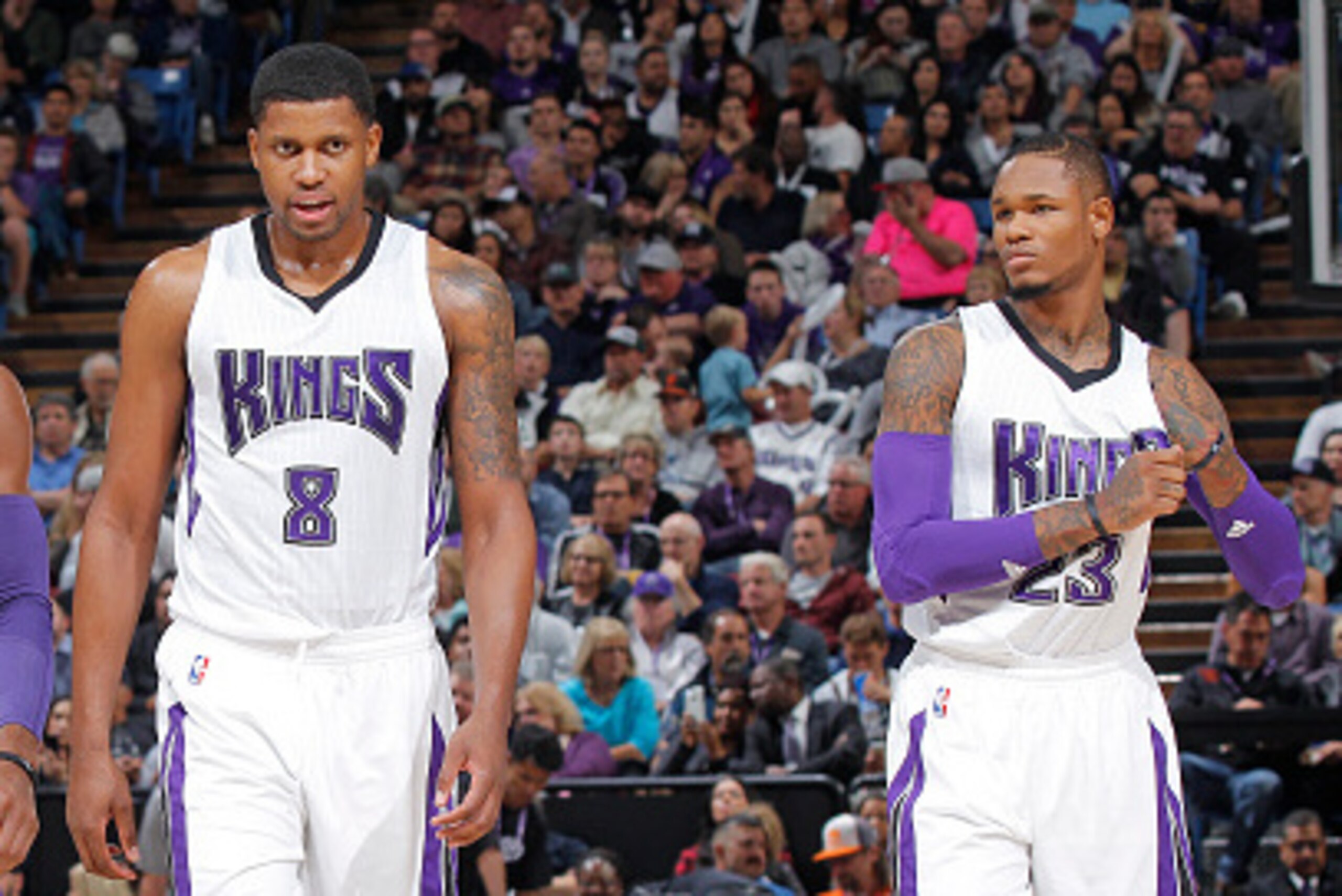 SACRAMENTO, CA - NOVEMBER 3: Rajon Rondo #9, Rudy Gay #8 and Ben McLemore #23 of the Sacramento Kings face off against the Memphis Grizzlies on November 3, 2015 at Sleep Train Arena in Sacramento, California. NOTE TO USER: User expressly acknowledges and 