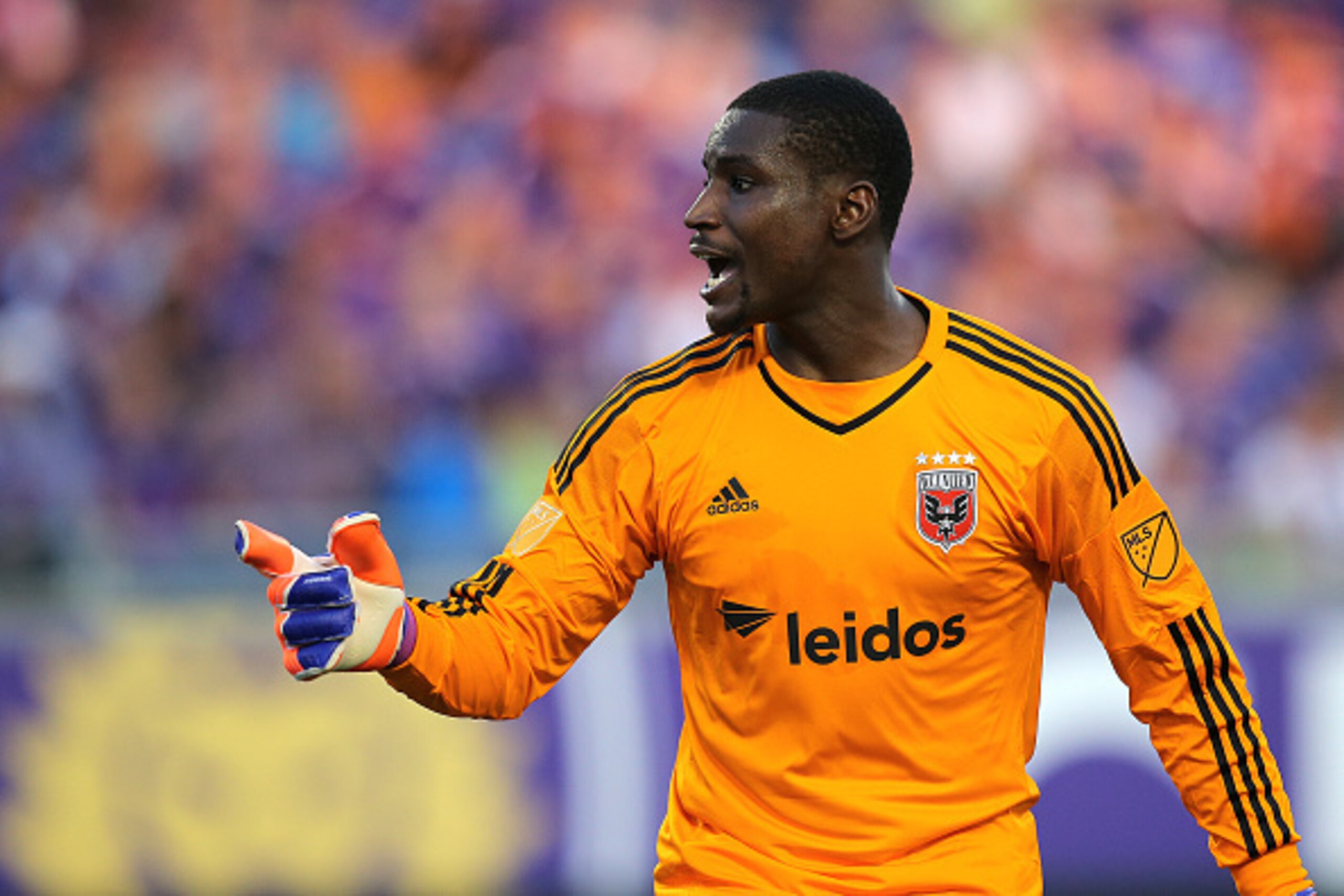 ORLANDO, FL - APRIL 03:  Bill Hamid #28 of D.C. United yells instructions to his team during a MLS soccer match between DC United and the Orlando City SC at the Orlando Citrus Bowl on April 3, 2015 in Orlando, Florida. (Photo by Alex Menendez/Getty Images