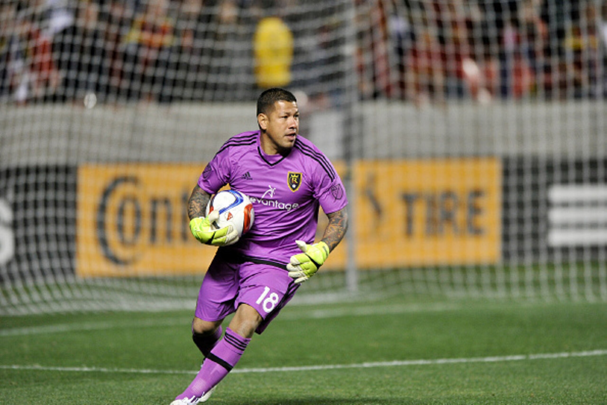 SANDY UT - MARCH 14: Goalie Nick Rimando #18 of Real Salt Lake looks downfield during their game against the Philadelphia Union at Rio Tinto Stadium on March 14, 2015 in Sandy, Utah. (Photo by Gene Sweeney Jr/Getty Images)