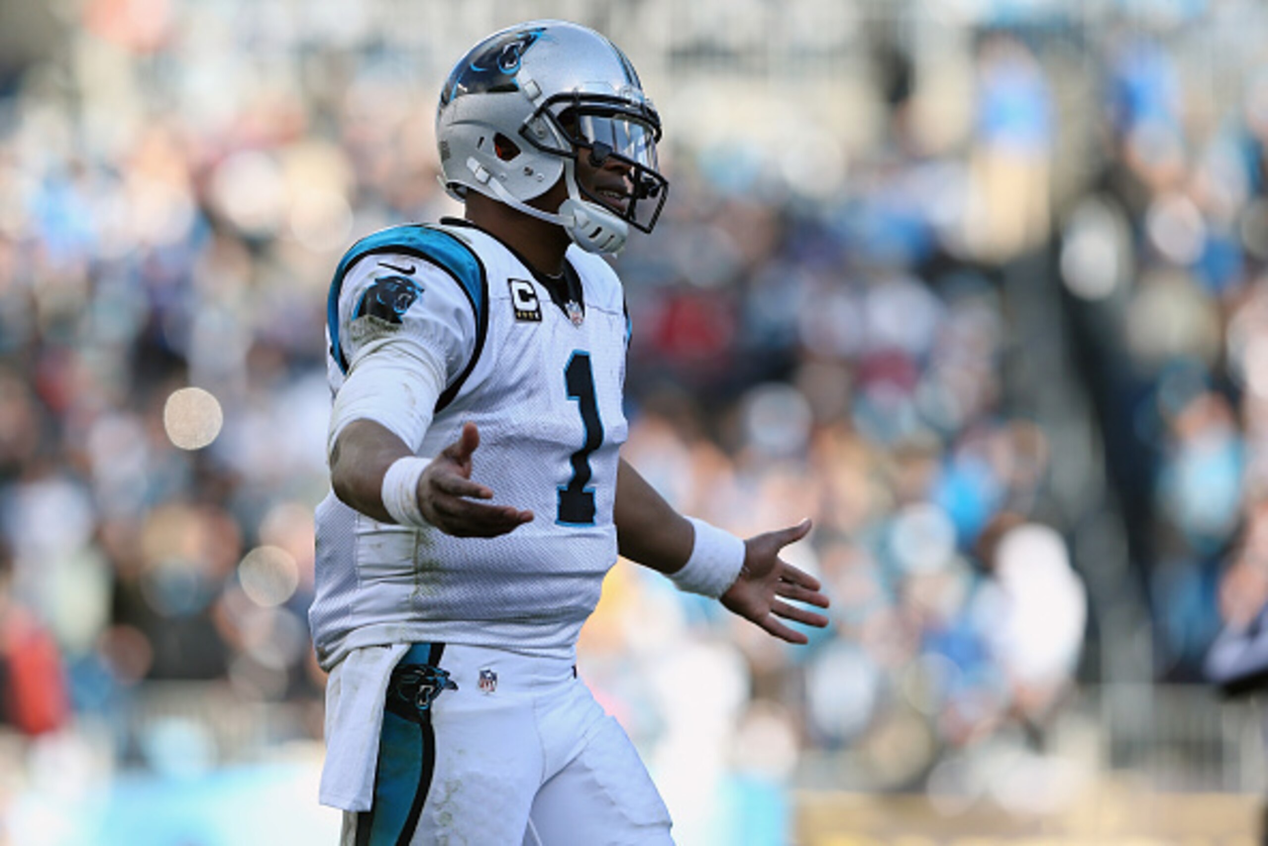 CHARLOTTE, NC - JANUARY 17:   Cam Newton #1 of the Carolina Panthers reacts after a play against the Seattle Seahawks in the 4th quarter during the NFC Divisional Playoff Game at Bank of America Stadium on January 17, 2016 in Charlotte, North Carolina.  (