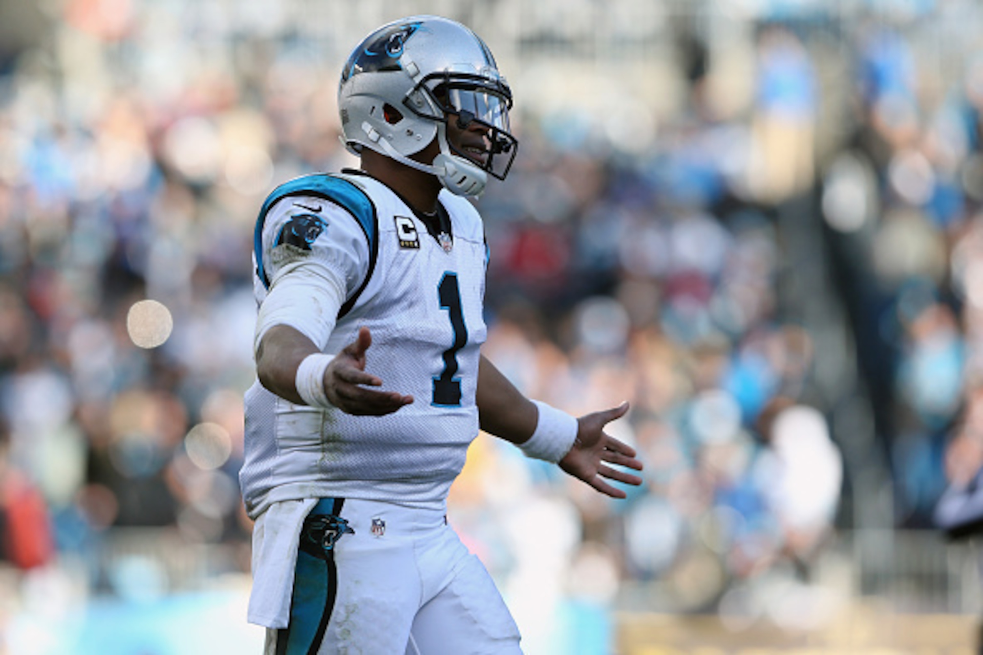 CHARLOTTE, NC - JANUARY 17:   Cam Newton #1 of the Carolina Panthers reacts after a play against the Seattle Seahawks in the 4th quarter during the NFC Divisional Playoff Game at Bank of America Stadium on January 17, 2016 in Charlotte, North Carolina.  (