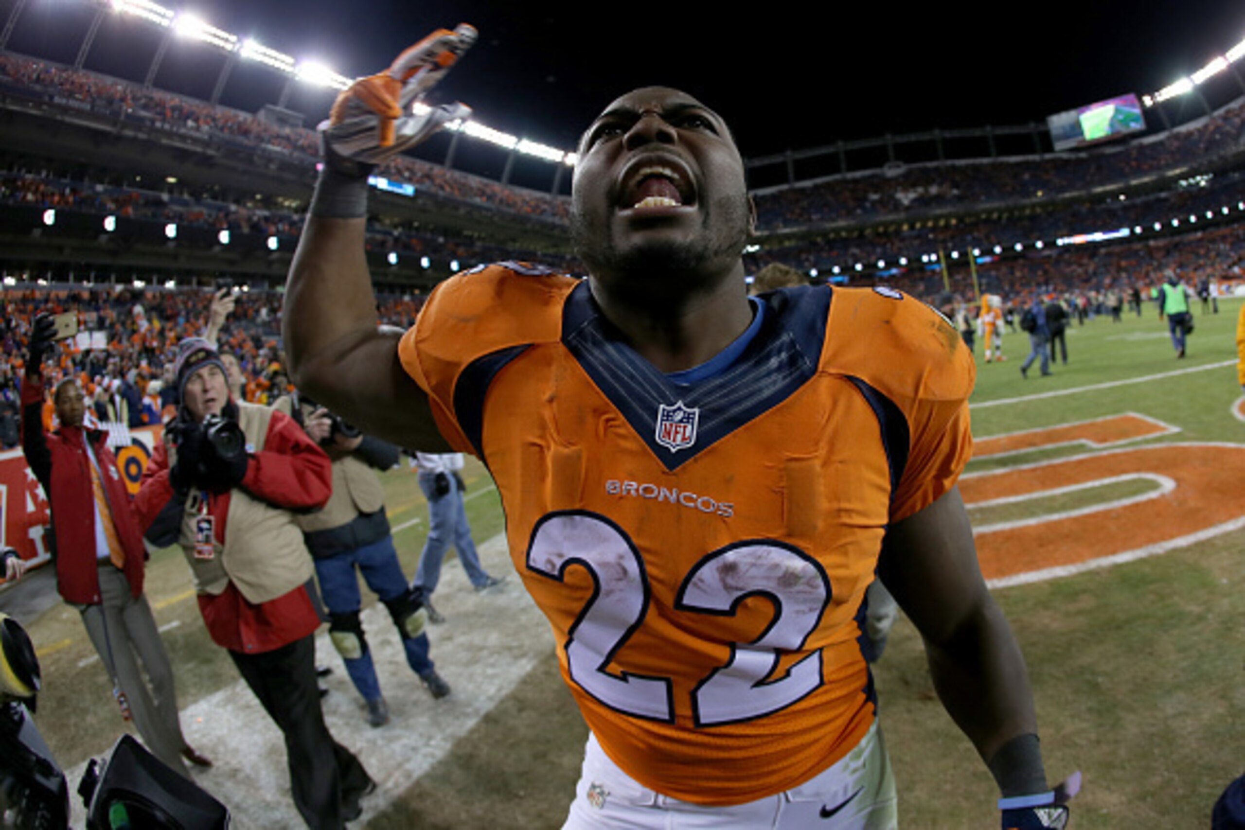 DENVER, CO - JANUARY 17: C.J. Anderson #22 of the Denver Broncos yells and celebrates as he walks off the field after the AFC Divisional Playoff Game against the Pittsburgh Steelers at Sports Authority Field at Mile High on January 17, 2016 in Denver, C DENVER, CO - JANUARY 17: C.J. Anderson #22 of the Denver Broncos yells and celebrates as he walks off the field after the AFC Divisional Playoff Game against the Pittsburgh Steelers at Sports Authority Field at Mile High on January 17, 2016 in Denver, C