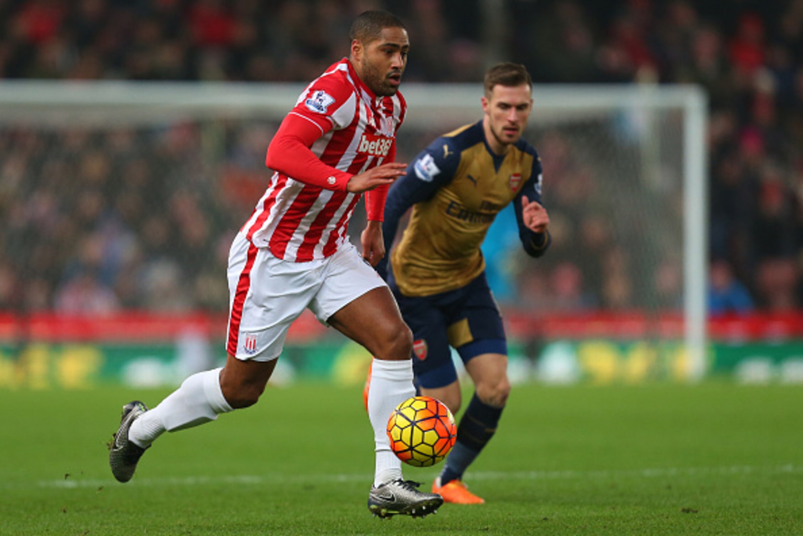 STOKE-ON-TRENT, ENGLAND - JANUARY 17: Glen Johnson of Stoke City during the Barclays Premier League match between Stoke City and Arsenal at the Britannia Stadium on January 17, 2016 in Stoke-on-Trent, England. (Photo by Catherine Ivill - AMA/Getty Images)