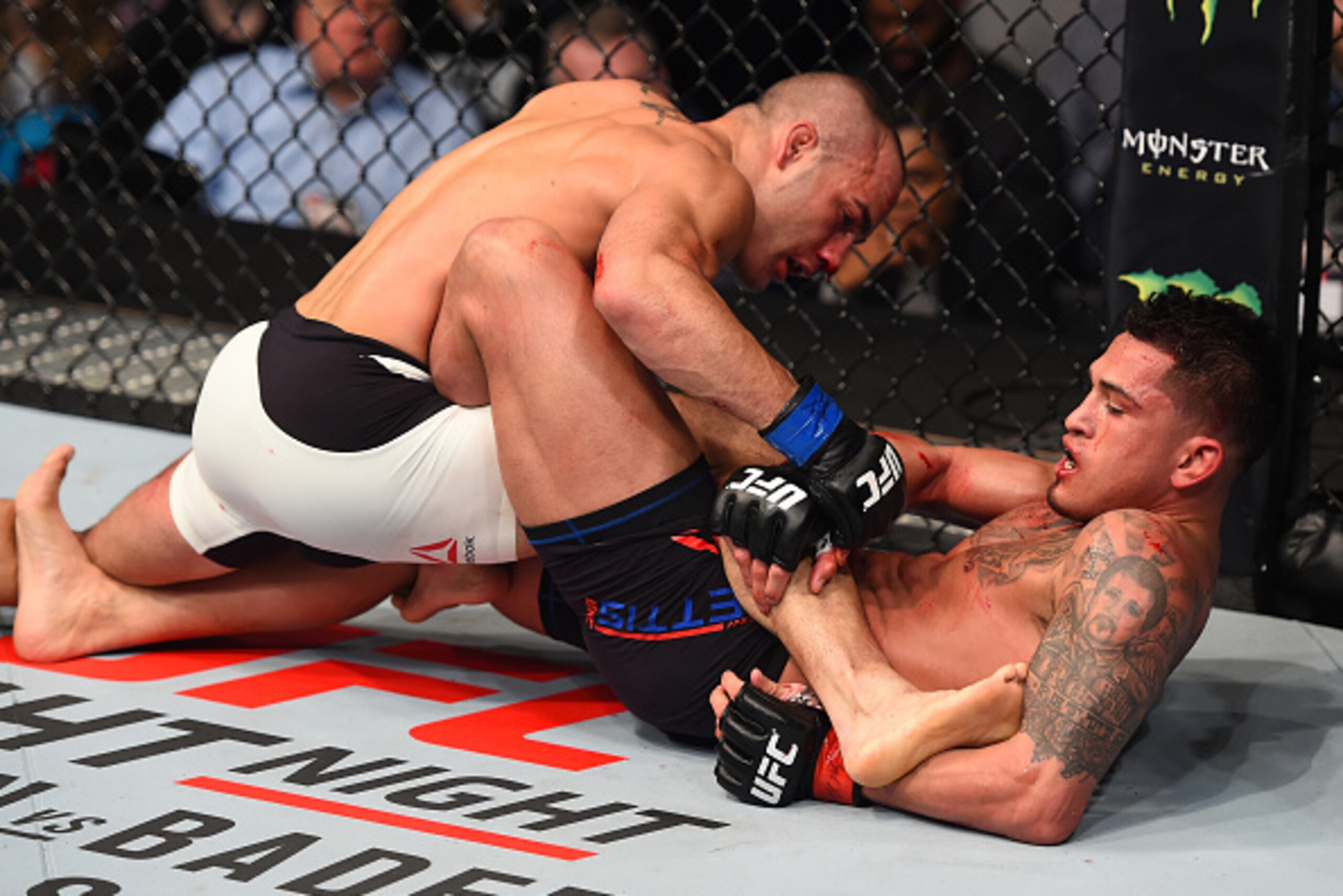 BOSTON, MA - JANUARY 17:  (R-L) Anthony Pettis attempts a heel hook submission against Eddie Alvarez in their lightweight bout during the UFC Fight Night event inside TD Garden on January 17, 2016 in Boston, Massachusetts. (Photo by Jeff Bottari/Zuffa LLC