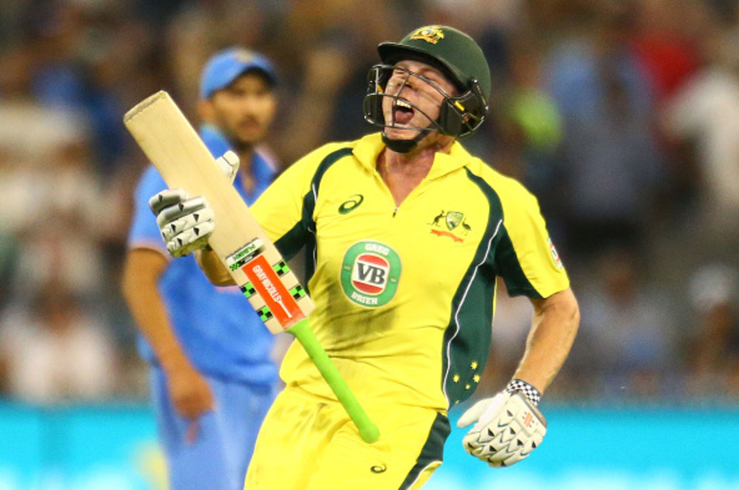 MELBOURNE, AUSTRALIA - JANUARY 17:  James Faulkner of Australia celebrates hitting the winning runs during game three of the One Day International Series between Australia and India at the Melbourne Cricket Ground on January 17, 2016 in Melbourne, Austral