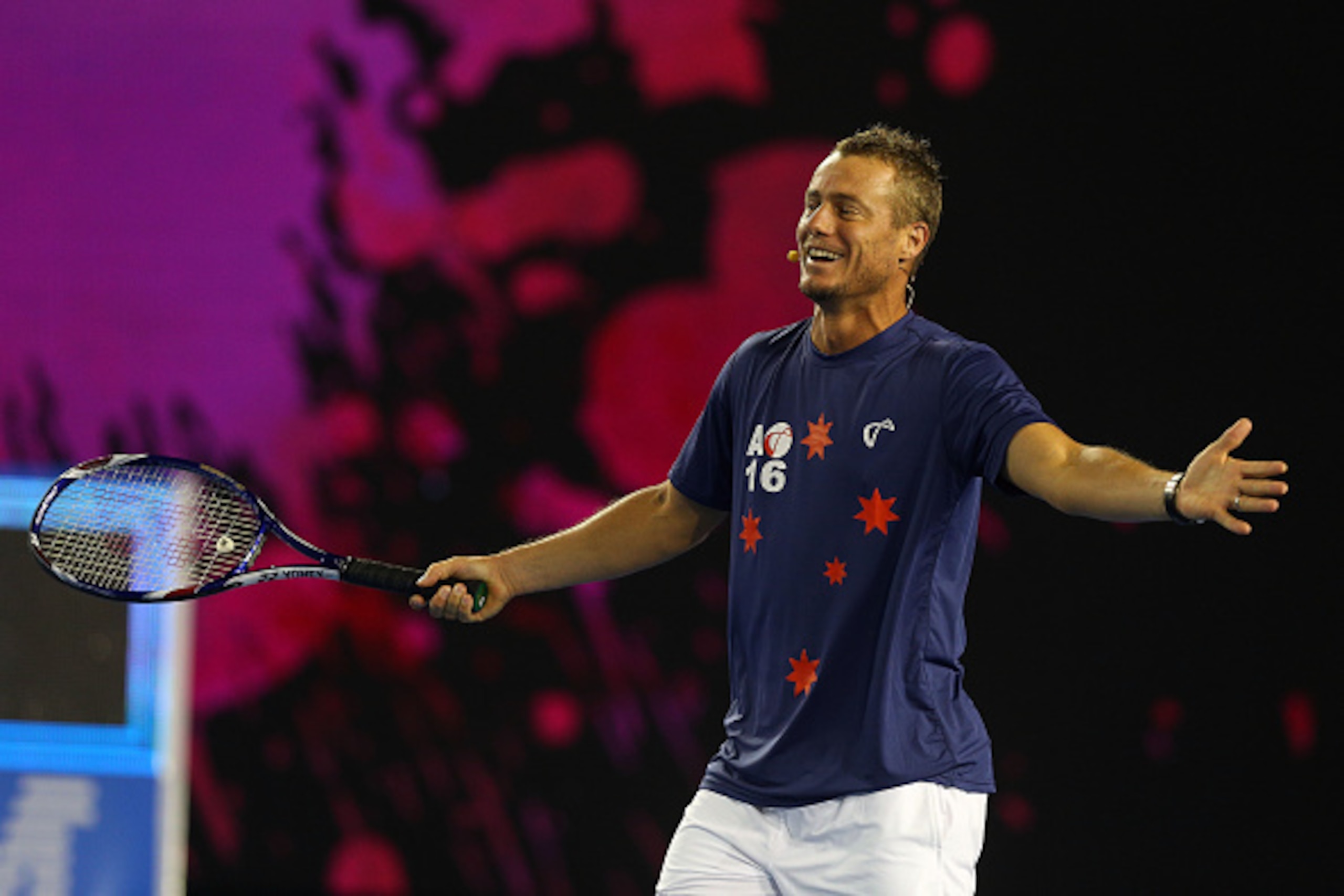 MELBOURNE, AUSTRALIA - JANUARY 16:  Lleyton Hewitt of Australia smiles during the Rod Laver Arena Spectacular as part of Kids Tennis Day presented by Nickelodeon ahead of the 2016 Australian Open at Melbourne Park on January 16, 2016 in Melbourne, Austral