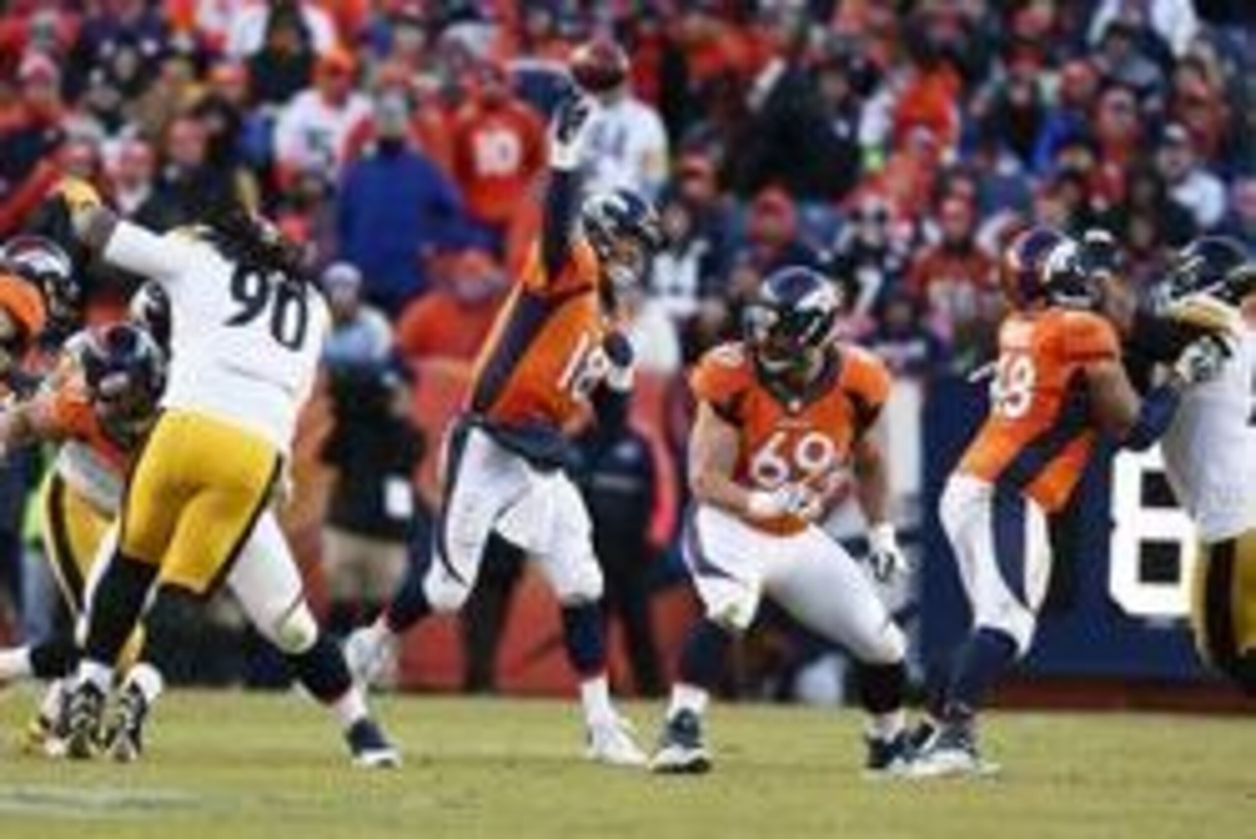 Jan 17, 2016; Denver, CO, USA; Denver Broncos quarterback Peyton Manning (18) throws during the   third quarter in a AFC Divisional round playoff game at Sports Authority Field at Mile High. Mandatory Credit: Isaiah J. Downing-USA TODAY Sports