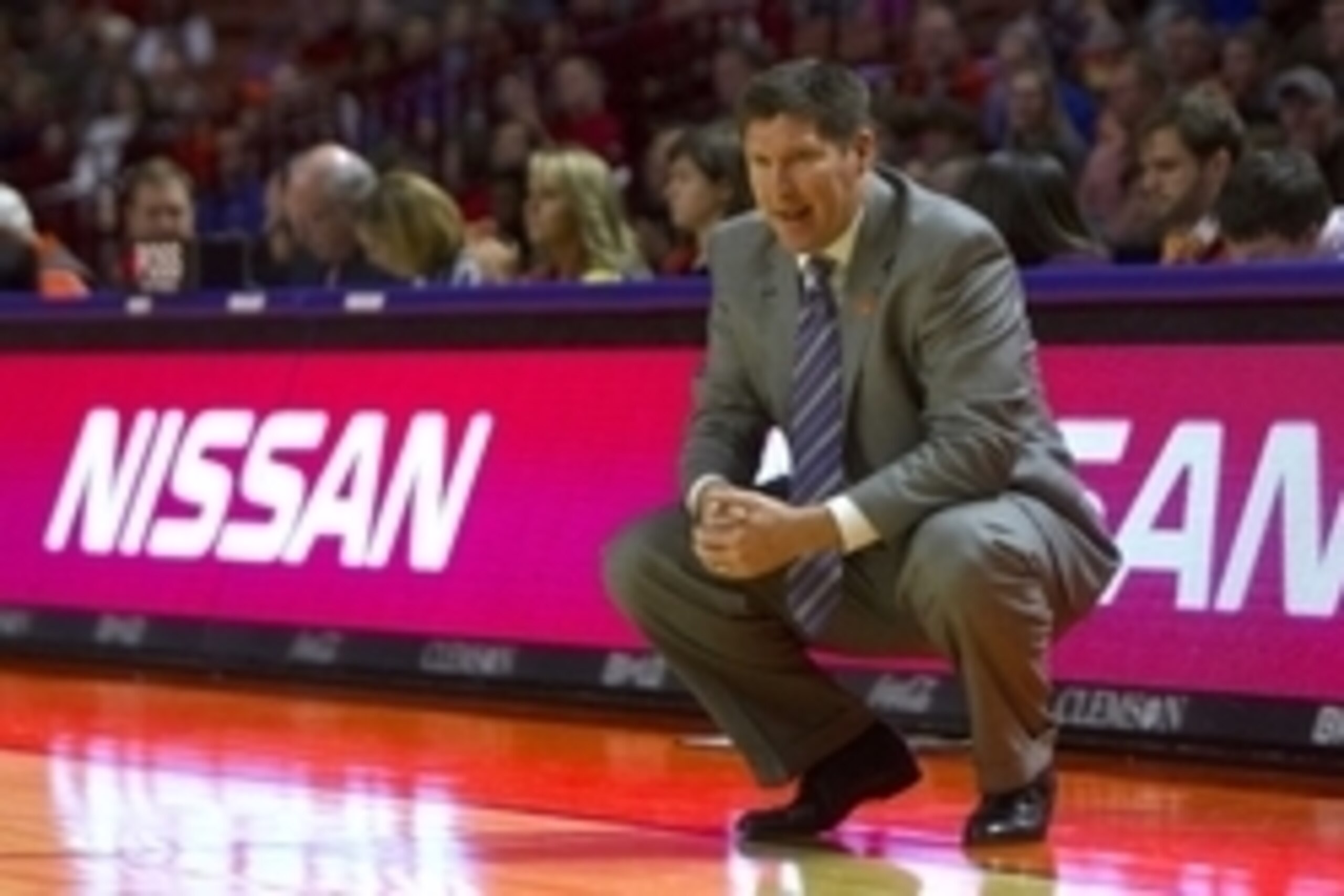 Jan 10, 2016; Clemson, SC, USA; Clemson Tigers head coach Brad Brownell reacts during the first half against the Louisville Cardinals at Bon Secours Wellness Arena. Mandatory Credit: Joshua S. Kelly-USA TODAY Sports