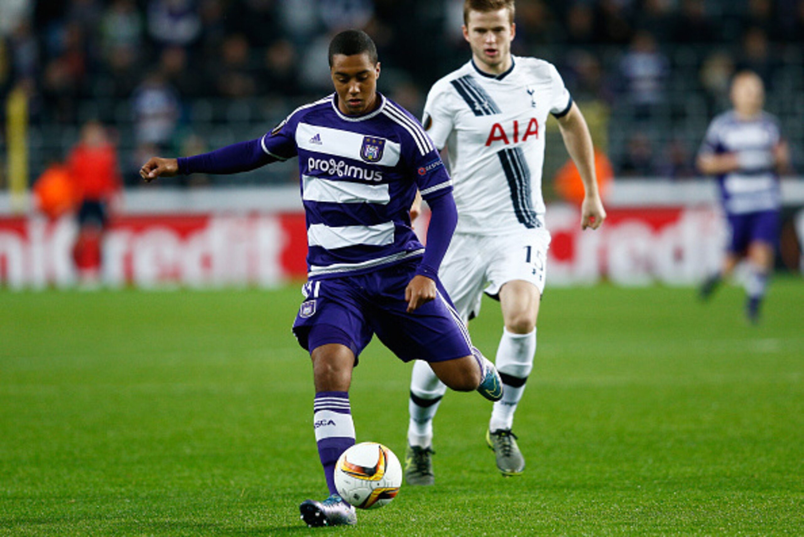 BRUSSELS, BELGIUM - OCTOBER 22:  Youri Tielemans of Anderlecht is closed down by Eric Dier of Spurs during the UEFA Europa League Group J match between RSC Anderlecht and Tottenham Hotspur FC at the Constant Vanden Stock Stadium on October 22, 2015 in Bru