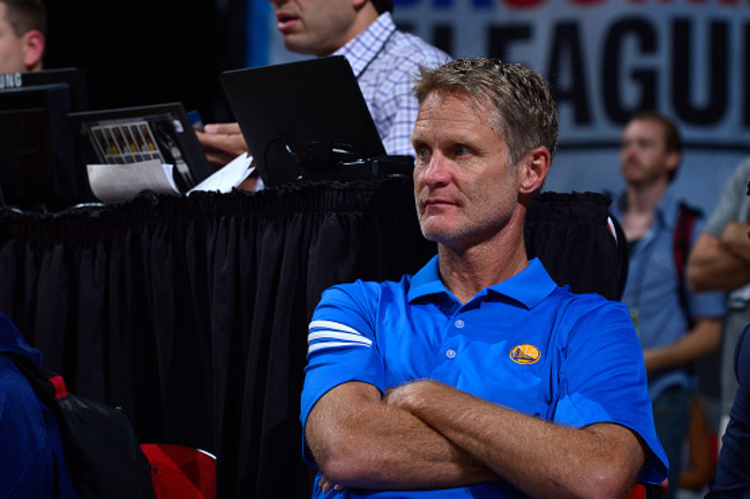 LAS VEGAS, NV - JULY 13:  Head Coach Steve Kerr of the Golden State Warriors looks on during the game against the Sacramento Kings on July 13, 2015 at the Thomas & Mack Center in Las Vegas, Nevada. NOTE TO USER: User expressly acknowledges and agrees that
