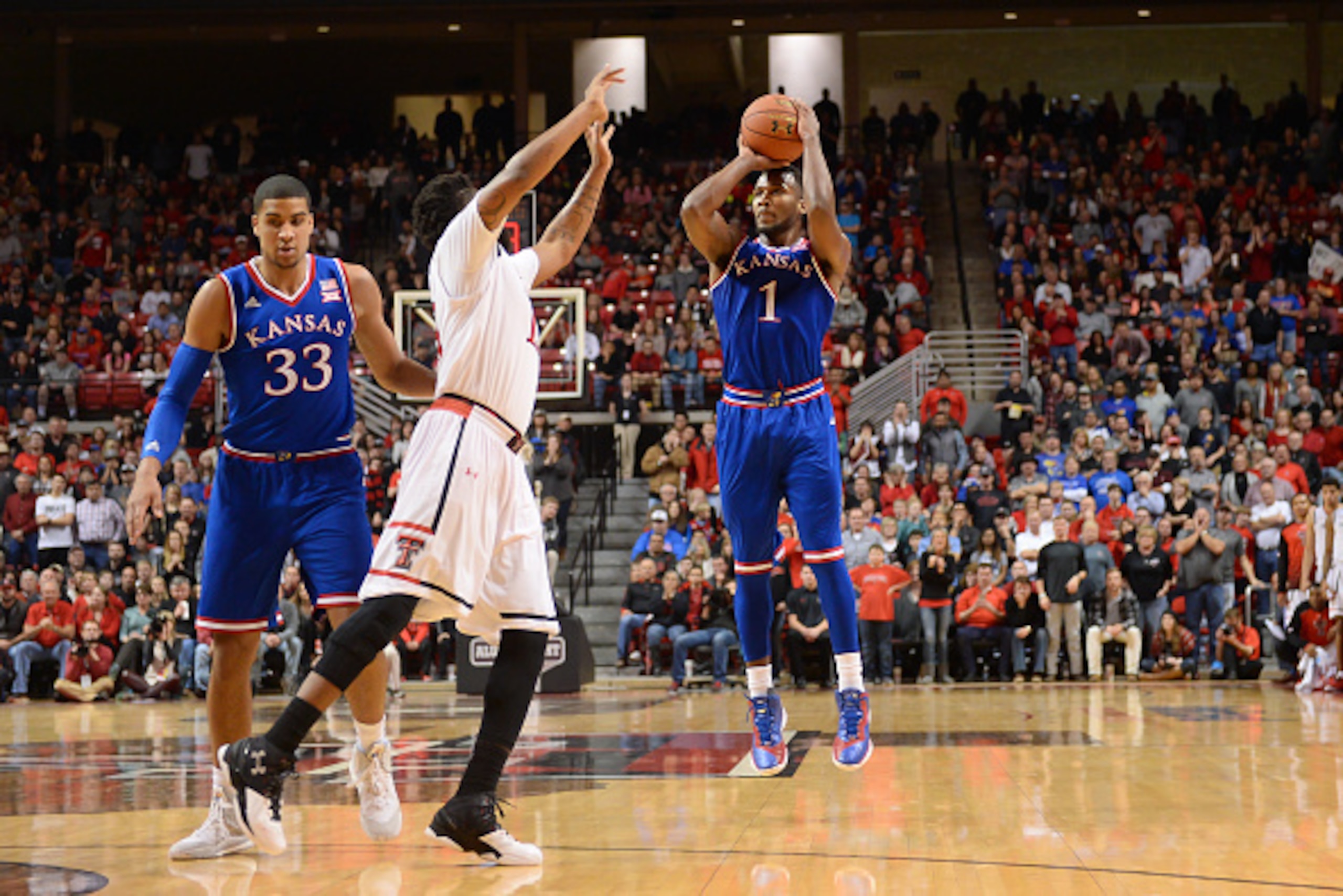 LUBBOCK, TX - JANUARY 09: Wayne Selden Jr. #1 of the Kansas Jayhawks shoots the ball during the game against the Texas Tech Red Raiders on January 09, 2016 at United Supermarkets Arena in Lubbock, Texas. Kansas won the game 69-59. (Photo by John Weast/Get