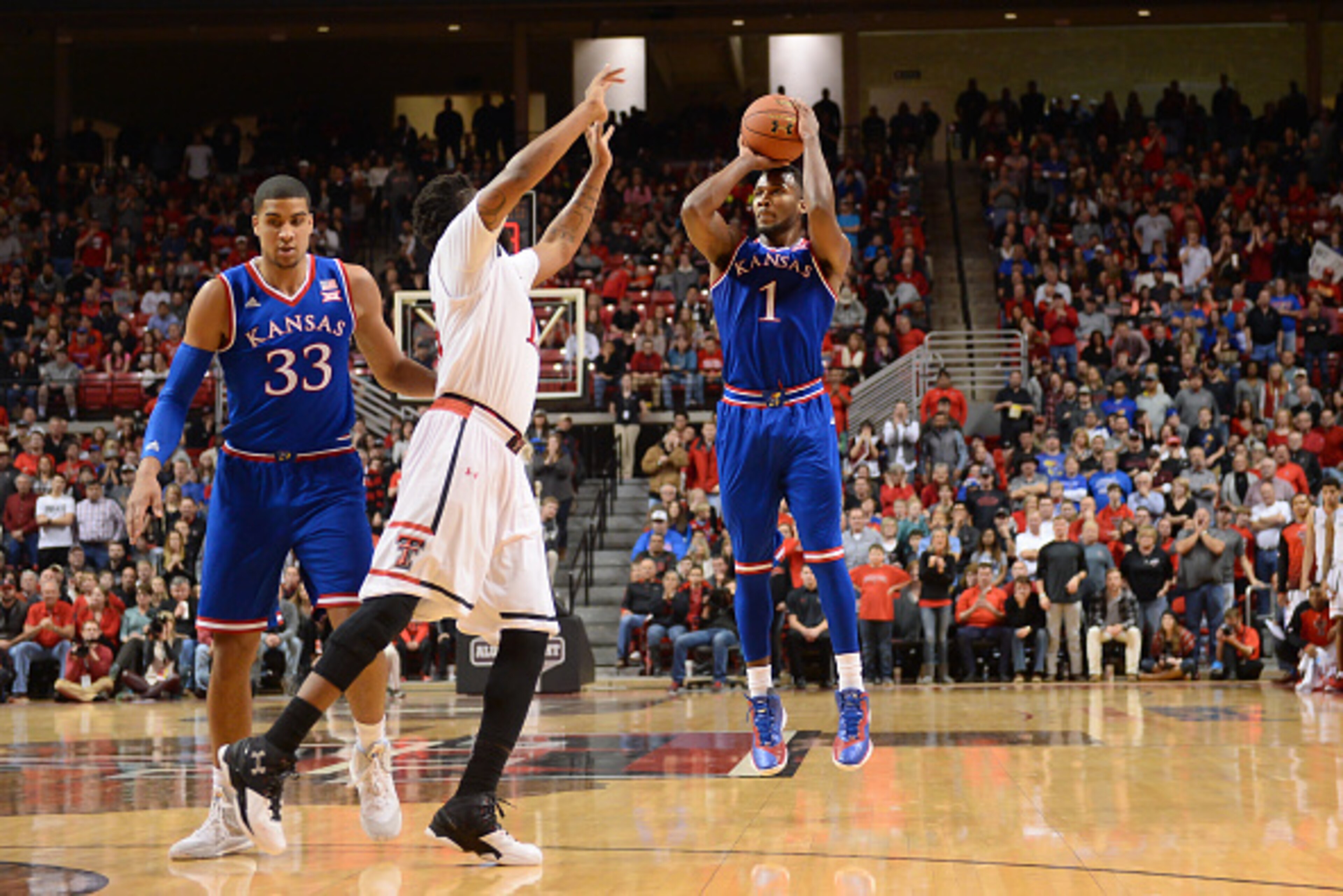 LUBBOCK, TX - JANUARY 09: Wayne Selden Jr. #1 of the Kansas Jayhawks shoots the ball during the game against the Texas Tech Red Raiders on January 09, 2016 at United Supermarkets Arena in Lubbock, Texas. Kansas won the game 69-59. (Photo by John Weast/Get