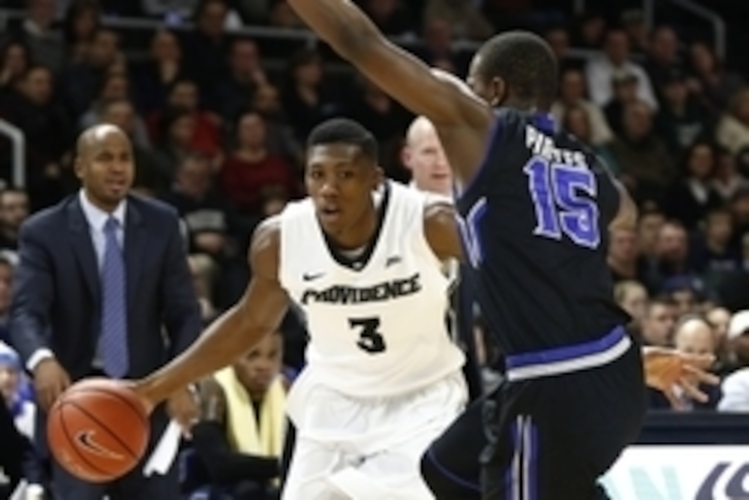 Jan 16, 2016; Providence, RI, USA; Providence Friars guard Kris Dunn (3) drives to the hoop against Seton Hall Pirates guard Isaiah Whitehead (15) during the first half at Dunkin Donuts Center. Mandatory Credit: Mark L. Baer-USA TODAY Sports Jan 16, 2016; Providence, RI, USA; Providence Friars guard Kris Dunn (3) drives to the hoop against Seton Hall Pirates guard Isaiah Whitehead (15) during the first half at Dunkin Donuts Center. Mandatory Credit: Mark L. Baer-USA TODAY Sports