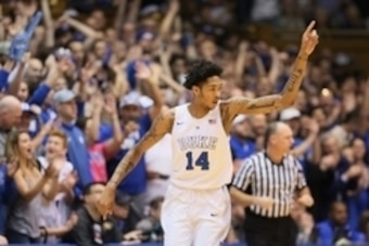 Jan 9, 2016; Durham, NC, USA; Duke Blue Devils guard Brandon Ingram (14) reacts after hitting a three point shot in their game against the Virginia Tech Hokies at Cameron Indoor Stadium. Mandatory Credit: Mark Dolejs-USA TODAY Sports