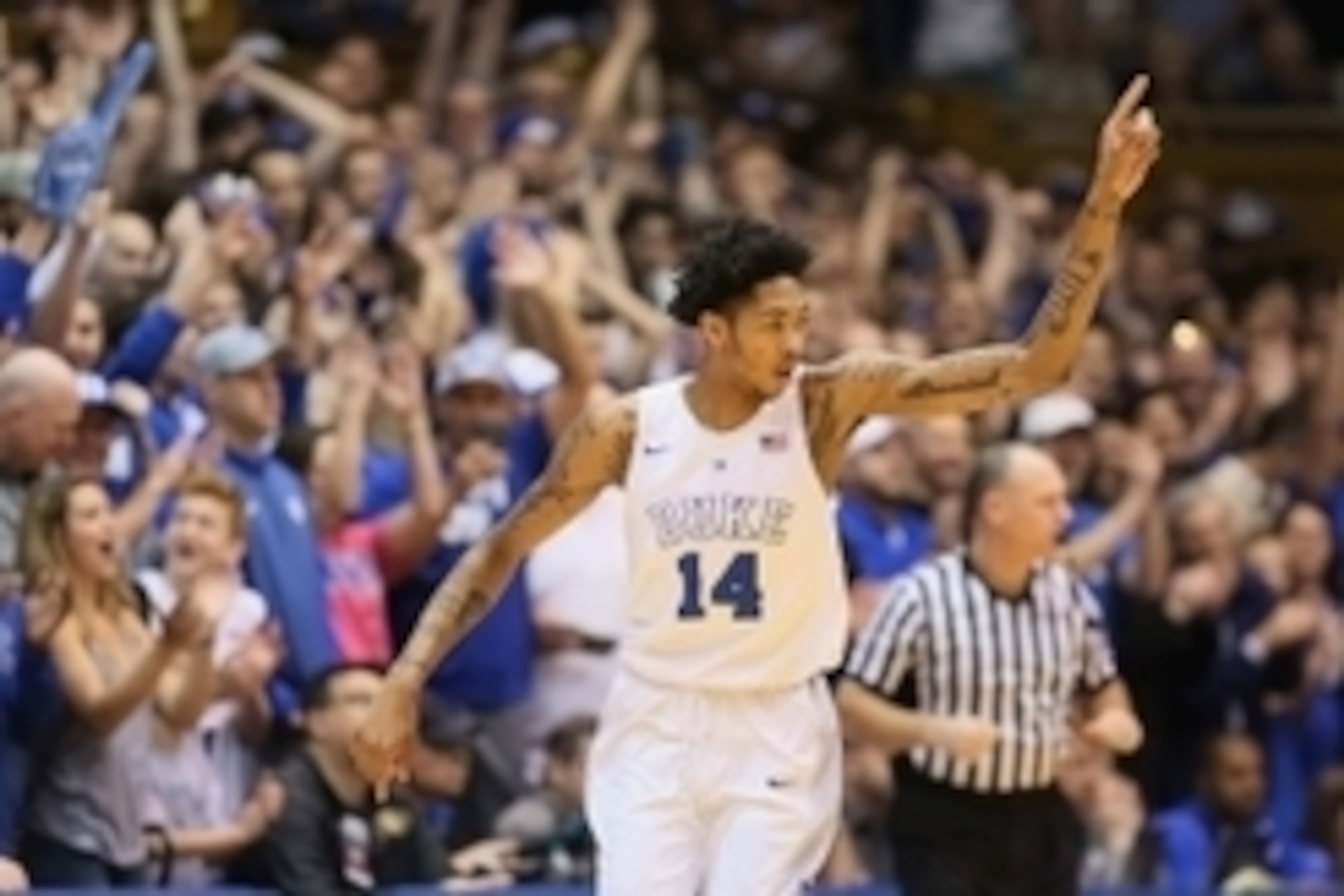 Jan 9, 2016; Durham, NC, USA; Duke Blue Devils guard Brandon Ingram (14) reacts after hitting a three point shot in their game against the Virginia Tech Hokies at Cameron Indoor Stadium. Mandatory Credit: Mark Dolejs-USA TODAY Sports Jan 9, 2016; Durham, NC, USA; Duke Blue Devils guard Brandon Ingram (14) reacts after hitting a three point shot in their game against the Virginia Tech Hokies at Cameron Indoor Stadium. Mandatory Credit: Mark Dolejs-USA TODAY Sports