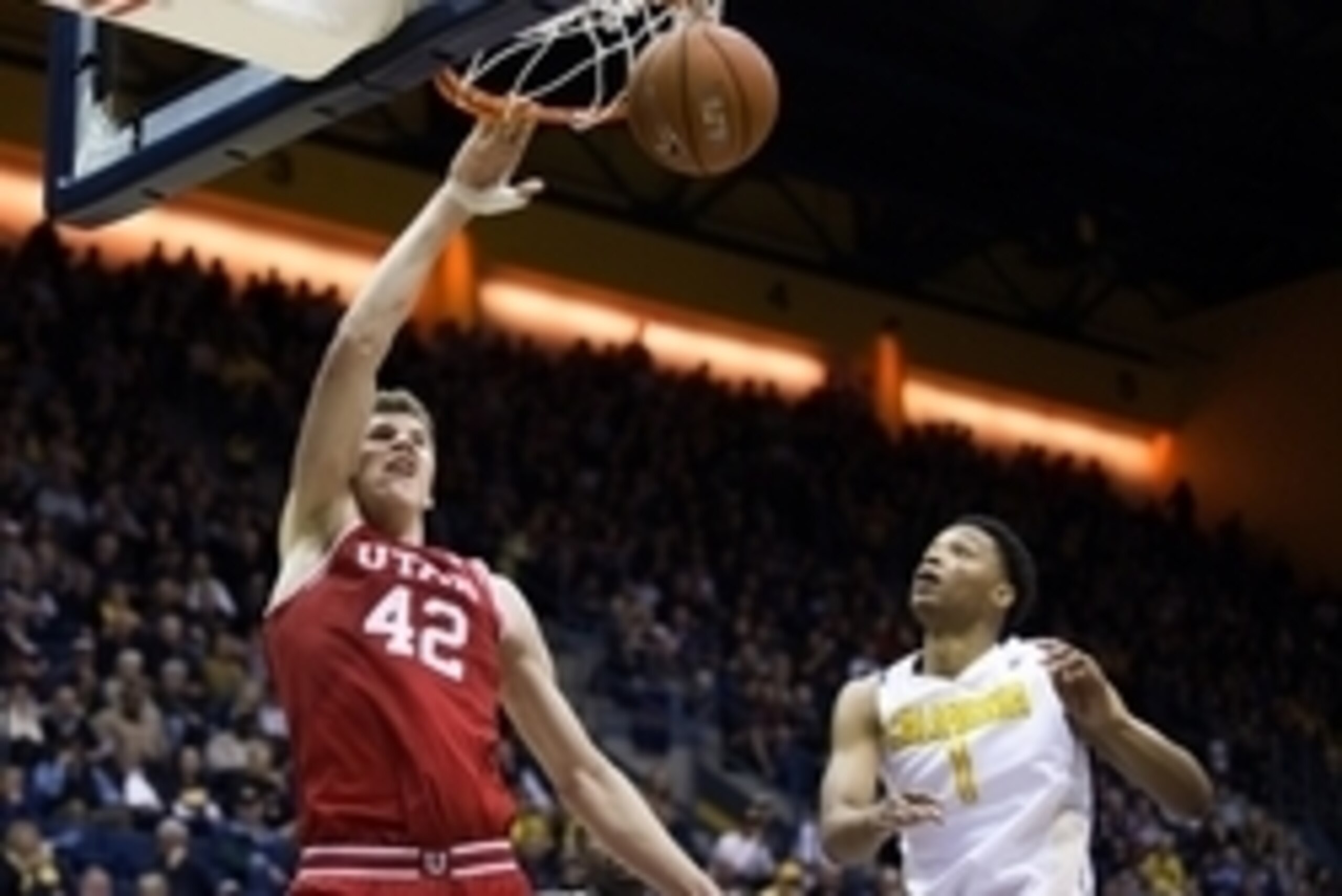 Jan 3, 2016; Berkeley, CA, USA; Utah Utes forward Jakob Poeltl (42) dunks the ball against California Golden Bears forward Ivan Rabb (1) during the second half at Haas Pavilion. California defeated Utah 71-58. Mandatory Credit: Kelley L Cox-USA TODAY Spor Jan 3, 2016; Berkeley, CA, USA; Utah Utes forward Jakob Poeltl (42) dunks the ball against California Golden Bears forward Ivan Rabb (1) during the second half at Haas Pavilion. California defeated Utah 71-58. Mandatory Credit: Kelley L Cox-USA TODAY Spor