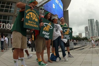 MIAMI, FL - JUNE 19:  Fans of the former NBA franchise Seattle SuperSonics which moved and became the Oklahoma City Thunder shows support for the Miami Heat to beat the Thunder in Game Four of the 2012 NBA Finals on June 19, 2012 at American Airlines Aren